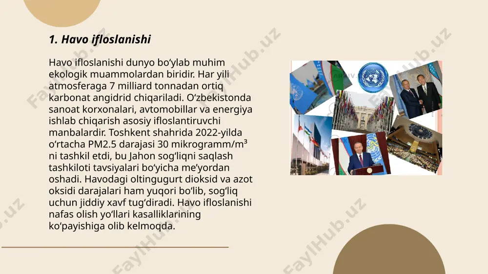 ogik loyihalar va xalqaro hamkorlik muhim sanaladi. bmtning maqsadlari doirasida cho'llanishga qarshi kurashish choralari ko'rilmokda, jumladan, yashil hududlarni kengaytirish va suv resurslarini optimal boshqarish rejalarini joriy etish masalalari muhokama qilinmoqda. ... t.me/slaydai_bot 7. orol dengizining qurishi orol dengizining qurishi juda katta ekologik falokatdir. xx asrning o'rtalarida orol dengizining maydoni 68,000 kvadrat kilometr edi, ammo 2000-yillarga kelib uning hajmi sezilarli darajada qisqardi. sovet ittifoqi davrida amudaryo va sirdaryo suvlarining qishloq xo'jaligi maqsadlari uchun keng ko'lamda olishishi dengizning qurishiga olib keldi. 1989-yilga kelib dengiz shimoliy va janubiy qismlarga bo'linib qoldi. hozirda dengizning asl maydonining faqat 10 foiziga yaqini mavjud. orol dengizining qurishi ob-havo o'zgarishlari, iqtisodiy va ijtimoiy muammolarni keltirib chiqardi, shu bilan birga mintaqadagi biologik xilma-xillikka jiddiy zarar yetkazdi. ... t.me/slaydai_bot biologik xilma-xillikning yo'qolishi global ekologik muammo bo'lib, butun dunyo bo'ylab turlar sonining kamayishini anglatadi. xalqaro tabiatni muhofaza qilish ittifoqining (iucn) ma'lumotlar qizil ro'yxati bo'yicha, bugungi kunda mavjud bo'lgan hamma turlarning 25% …