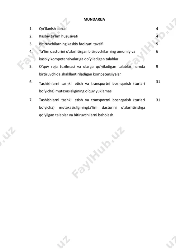 slanuvchanlik. 2.3. ta’limni davom ettirish imkoniyatlari. 51040104. “transportlarda tashish va boshqarishni tashkil etish”(turlari bo‘yicha) mutaxasisligi bitiruvchisi keyinchalik kasbiy ta’limini chuqurlashtirish maqsadida: kadrlar malakasini oshirish tizimida, tarmoq o‘quv muassasalarida va maxsus kurslarida malakani oshirishi; kasbiy faoliyatning tegishli sohasida yanada yuqoriroq malakaga erish maqsadida oliy ta’lim muassasasida o‘qishni davom ettirishi mumkin. 2.4. o‘qishga qabul shartlari. o‘qishga qabul amaldagi qonunchilik asosida amalga oshiriladi. 3. bitiruvchilarning kasbiy faoliyati tavsifi 3.1. bitiruvchining kasbiy faoliyat sohasi: transportlarda tashish va boshqarishni tashkil etish texnik-mexanigining nazariy, amaliy bilimlarini egallash va amaliy ko‘nikmalarni rivojlantirish, yetkazib berish zanjirini boshqarish sohasida tashish jarayonlarni amalga oshirish, modellashtirish, algaritmlari va matematik ta’minotlari, axborot ta’minot tizimlari, korxona iqtisodiyoti, ekologiya qonunchilik asoslari, mehnat qonunchilik asoslari. transportlarda tashish va boshqarishni tashkil etishni tartibga soluvchi buxgalteriya va hisobat xujjatlarini rasmiylashtirish hamda funksional vazifalarni va mehnat muhofazasi qoidalariga amal qilish , ko‘nikmalarga ega bo‘lish. yo‘nalish bo‘yicha fan, texnika va texnologiyalarning zamonaviy yutuqlari, kadrlar buyurtmachilar talablaridan kelib chiqqan holda …