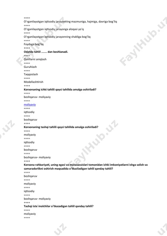 ga oshiriladi? ==== moliyaviy ==== iqtisodiy ==== boshqaruv ==== boshqaruv- moliyaviy ++++ korxona rahbariyati, uning egasi va mutaxassislari tomonidan ichki imkoniyatlarni ishga solish va samaradorlikni oshirish maqsadida o‘tkaziladigan tahlil qanday tahlil? ==== boshqaruv ==== moliyaviy ==== iqtisodiy ==== boshqaruv- moliyaviy ++++ tashqi iste`molchilar o‘tkazadigan tahlil qanday tahlil? ==== moliyaviy ==== iqtisodiy ==== boshqaruv ==== boshqaruv- moliyaviy ++++ iqtisodiy tahlilda qanday usullardan foydalaniladi? ==== inventarizatsiya, kalkulatsiya qilish ==== baholash, kalkulatsiya qilish, ikkiyoqlama yozuv ==== hujjatlashtirish, ikkiyoqlama yozuv ==== taqqoslash, guruhlash, balansli bog‘lanish, zanjirli bog‘lanish ++++ quyidagilarning qaysi biri boshqaruv tahlilining ob`ekti hisoblanmaydi? ==== iqtisodiyotning tarmoqlari ==== ishlab chiqarish birlashmalari ==== tsexlar ==== korxonalar ++++ o’rganadigan davriga qarab iqtisodiy tahlilning turlari qaysi javobda to‘g‘ri aks ettirilgan? ==== tezkor tahlil, joriy tahlil, istiqbolli tahlil ==== joriy tahlil, boshqaruv tahlili, moliyaviy tahlil ==== tezkor tahlil, ichki tahlil, tashqi tahlil ==== tezkor tahlil, joriy tahlil, funktsional qiymatli tahlil, xo‘jaliklararo tahlil ++++ korxonalarni boshqarishdagi o‘rniga qarab …