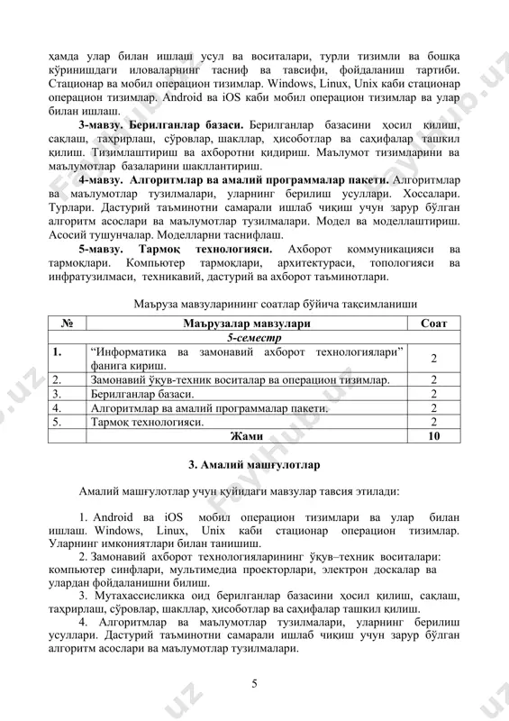 соат 5-семестр 1. “информатика ва замонавий ахборот технологиялари” фaнигa кириш. 2 2. замонавий ўқув-техник воситалар ва операцион тизимлар. 2 3. берилганлар базаси. 2 4. алгоритмлар ва амалий программалар пакети. 2 5. тармоқ технологияси. 2 жами 10 3. амалий машғулотлар амалий машғулотлар учун қуйидаги мавзулар тавсия этилади: 1. android ва ios мобил операцион тизимлари ва улар билан ишлаш. windows, linux, unix каби стационар операцион тизимлар. уларнинг имкониятлари билан танишиш. 2. замонавий ахборот технологияларининг ўқув–техник воситалари: компьютер синфлари, мультимедиа проекторлари, электрон доскалар ва улардан фойдаланишни билиш. 3. мутахассисликка оид берилганлар базасини ҳосил қилиш, сақлаш, таҳрирлаш, сўровлар, шакллар, ҳисоботлар ва саҳифалар ташкил қилиш. 4. алгоритмлар ва маълумотлар тузилмалари, уларнинг берилиш усуллари. дастурий таъминотни самарали ишлаб чиқиш учун зарур бўлган алгоритм асослари ва маълумотлар тузилмалари. 5. модел ва моделлаштириш. мутахассисликка оид масалаларни моделлари. 6. интернет. қидирув тизимидан фойдаланиб зарур маълумотларни топиш ва олиш. амалий машғулотларининг соатлар бўйича тақсимланиши № амалий машғулот мавзулари соат 5-семестр …