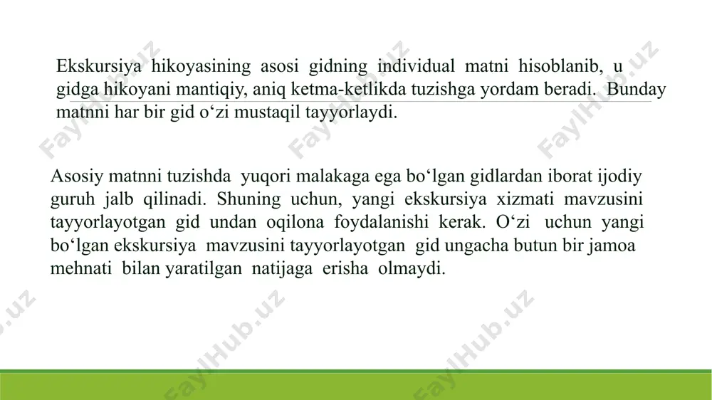 alanishi, nutq texnikasini egallash (nafas olish, ovoz, diksiya); nutq ohangiga e’tibor qaratish. diksiya –bo‘g‘inlar, so‘zlar va butun bir iboralarni aniq, tushunarli talaffuz etishdir. duduqlanish, so‘zlarning qo‘shimchalarini to‘g‘ri qo‘ymaslik yoki «yutib yuborish» nutqning kamchiliklariga kiradi. 8 gidning tili ma’lum bir mezonlarga javob berishi lozim: oydinlik – tinglovchilarga tushunarli va mosligi, aniqlik – nutq tarkibi gidning fikri, ekskursiya maqsadi va mavzusiga muvofiqligi, ravonlik – til vositalaridan foydalanishning mantiqiy to‘g‘riligi. 9 /docprops/thumbnail.wmf ekskursiya xizmatida ob ’ ektlarni hikoya qilish usullari