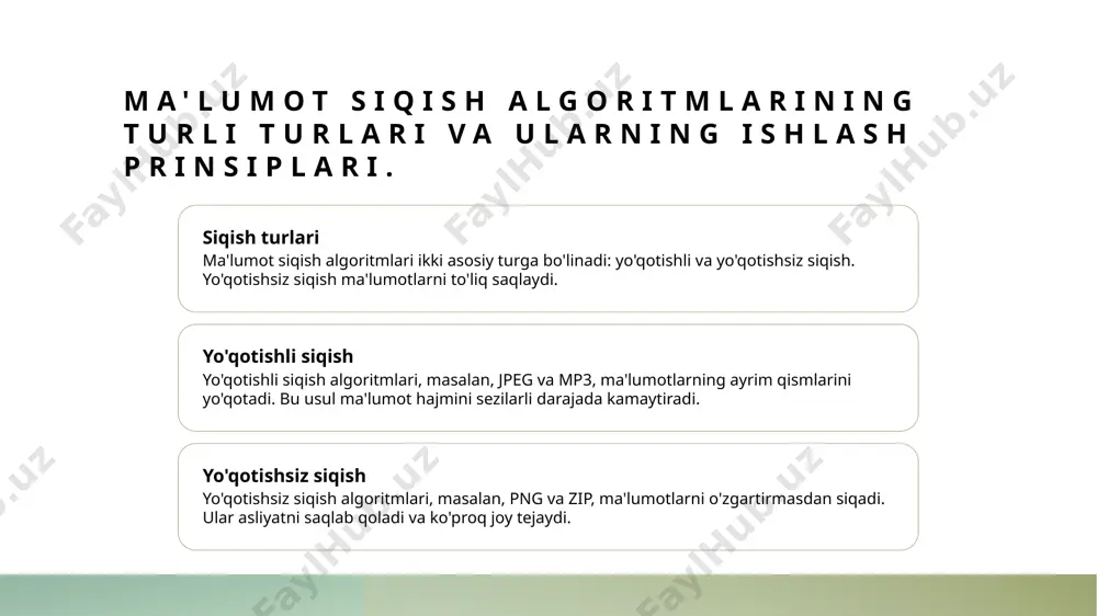 a 1 ma'lumot siqish ahamiyati ma'lumot siqish algoritmlari, ma'lumotlar hajmini kamaytirish orqali saqlash joyini optimallashtiradi va tezlikni oshiradi, bu esa muhim ahamiyatga ega. 2 samaradorlik ko'rsatkichlari samaradorlikni o'lchashda foydalaniladigan ko'rsatkichlar, siqish darajasi va hisoblash vaqtini o'z ichiga oladi, bu esa algoritmlarning ta'sirini baholashda muhimdir. 3 kelajakdagi rivojlanish ma'lumot siqish algoritmlarining kelajakdagi rivojlanishi, yangi metodlar va texnologiyalar bilan bog'liq bo'lib, yanada samarali va innovatsion yechimlarni taklif qiladi. e'tiboringiz uchun rahmat! /docprops/thumbnail.jpeg