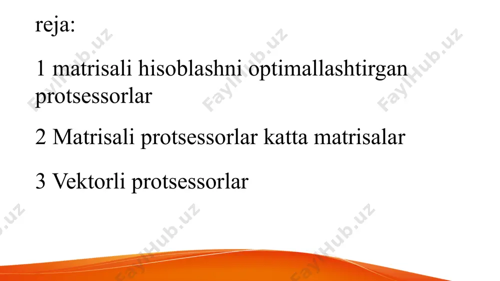 optimallashtirilgan algoritmlar va qurilmalar. matritsa qo'shish: ko'pincha vektorlar bilan birga matritsa qo'shish operatsiyalarini bajaradi. matritsa transpozitsiyasi: matritsaning qatorda va ustundagi elementlarini joylashtirishni o'zgartirish. vektorli protsessorlar (vector processors) — bu, bir vaqtning o'zida bir nechta ma'lumotlarni (odatda vektorlar yoki matritsalar) qayta ishlash imkoniyatiga ega bo‘lgan protsessorlardir. bunday protsessorlar ko‘plab hisoblash ishlari uchun samarali bo‘lib, ayniqsa ilmiy, texnik va ma'lumotlar tahlili kabi sohalarda qo‘llaniladi. vektorli protsessorlar, paralel hisoblashni ta'minlash orqali ma'lum bir vazifalarni ancha tezroq bajarish imkoniyatini beradi. vektorli protsessorlar qanday ishlaydi? vektorli protsessorlar, odatda, bitta buyruq orqali bir nechta ma'lumotni qayta ishlay oladi. bu ma'lumotlar odatda vektorlar (ya'ni, bir nechta o‘lchamga ega bo‘lgan massivlar) yoki matritsalar bo‘lishi mumkin. vektorli protsessorlarning ishlash prinsipi shundan iboratki, ular bir nechta ma'lumotlarni parallel ravishda qayta ishlaydi, bu esa ko‘p hollarda sekin ishlov beriladigan birma-bir (sekvential) protsessorlardan tezroq hisoblashlar o'tkazishga imkon beradi. vektorli protsessorlarning afzalliklari paralelizm: vektorli protsessorlar bir vaqtning o‘zida bir nechta ma'lumotni ishlov berishga …