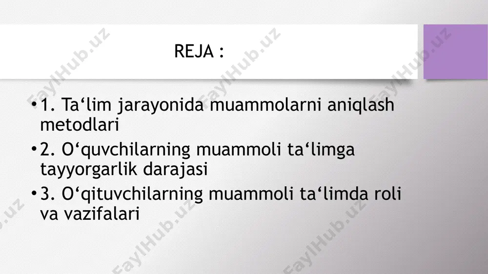 . kuzatish va tahlil kuzatish va tahlil usuli muammolarni chuqurroq tushunishga yordam beradi. afzalliklari: holatni real vaqt rejimida ko'rish, o'zgarishlarni aniqlash. kamchiliklari: vaqt va resurslarni talab qilishi, shaxsiy fikrlar va xatolar ta'sirini keltirib chiqarishi mumkin. muammoli ta‘limda o‘qitish metodlari muammoli ta‘limda o‘qitish metodlari, murakkab muammolarni hal qilishda talabalar faol ishtirokini ta'minlaydi. ushbu metodlar, o‘quvchilarning tanqidiy fikrlash qobiliyatini rivojlantirishga yordam beradi va ularga o‘rganayotgan materialni amaliy qo‘llash imkoniyatini beradi. asosiy o‘qitish metodlari: - muammoli vazifalar: bu metod, o‘quvchilarga real hayotdagi muammolarni hal qilishda yordam beradi. masalan, talabalar kichik guruhlarga bo‘linib, berilgan vazifalarni hal qilishda o‘zaro fikr almashadilar. - guruhli munozaralar: bu metod yordamida talabalar o‘z fikrlarini erkin ifoda etadilar va bir-birlarining nuqtai nazarlarini tinglash orqali o‘z bilimlarini kengaytiradilar. ushbu metodlarni qo‘llash, muammoli ta'limni tashkil etish uchun zarur shart-sharoitlarni yaratadi, chunki ular o‘quvchilarning faol ishtirokini rag'batlantiradi va o‘rganish jarayonini yanada qiziqarli qiladi. tahlil natijalari o‘qituvchilarning fikrlari va tajribalari ko‘rsatadiki, muammoli ta‘lim jarayonida …