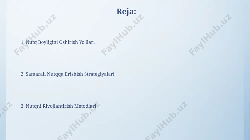 ojlantirish mumkin, unda 15-20 kishilik guruhlarda mashg'ulotlar o'tkazilib, tortishuvlar va jamoaviy loyihalar orqali amaliy ko'nikmalar shakllantiriladi. to'g'ri talaffuzni shakllantirish uchun fonetika darsliklaridan, masalan, toshkent shahridagi o'qituvchilar uchun nashr etilgan qo'llanmalardan foydalanish va kamida 1 soat kundalik mashqlarni bajarish kerak. monologik nutqni boyitish нуткингизнинг эмоционал тонусини 20-30 фоизга ошириш учун, самарқанд ва бухоро каби шаҳарларнинг маданий бойлиги ҳақида гапираётганда, тегишли эмоцияларни билдирувчи интонациялардан фойдаланиш муҳимдир. монологик нутқни бойитиш учун 5 дан ортиқ мавзуни бирлаштириш, масалан, тошкент шаҳри тарихи ва 19-аср адабиётини қиёслаш орқали, тингловчилар учун янги ва қизиқарли фактларни тақдим этиш самаралидир. nutqning ifodali bo'lishini ta'minlash nutqning ifodali bo'lishida tovushlarni (20% ga yaqin) o'zgartirish orqali ritm va intonatsiyani o'zgartirish, so'zlarni semantik maydoniga qarab (masalan, "sevgi" so'zi o'rniga 7 ta turli sinonim) tanlash, samarqand misolida ta'riflash orqali boyitish mumkin. nutqning ifodali bo'lishini ta'minlash uchun, 5 dan ortiq sinonimlarni qo'llash, jumlalar tuzilishini xilma-xilligini 3 ga oshirish va misol tariqasida toshkentdagi tarixiy joylarni tasvirlash …