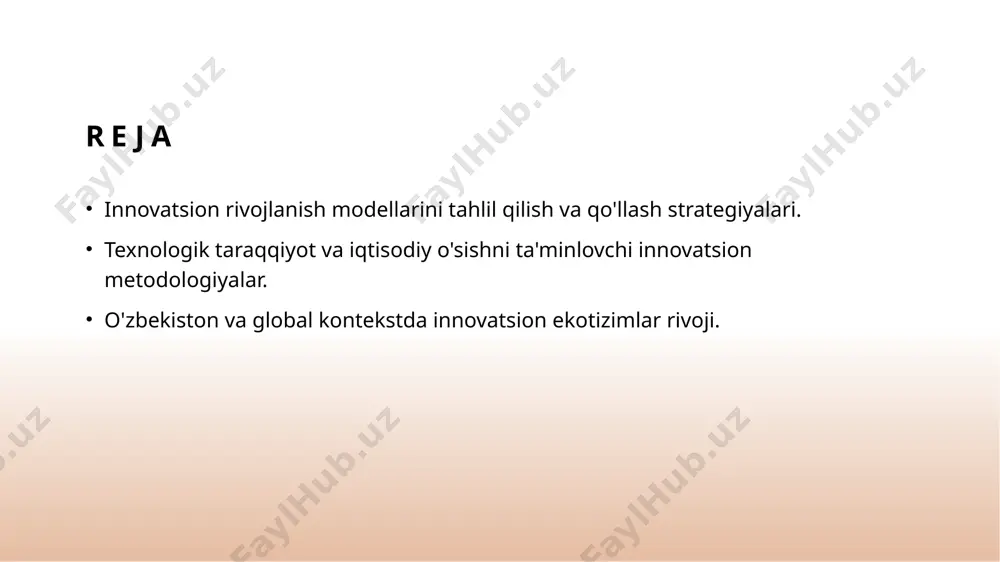esurslardan samarali foydalanishni ta'minlaydi. 3 amaliy misollar innovatsion modellarning amaliy qo'llanilishiga misollar: startap ekotizimlari, raqamli transformatsiya, va yangi mahsulotlarni tezkor ishlab chiqish jarayonlari. o'zbekistonda innovatsion rivojlanish modellarini integratsiya qilish. innovatsion strategiyalar innovatsion strategiyalarni integratsiya qilish o'zbekistonning iqtisodiy o'sishini ta'minlashga yordam beradi. bu strategiyalar texnologiyani rivojlantirish va tadbirkorlik qobiliyatlarini oshirishga qaratilgan. texnologik hamkorlik texnologik hamkorlikni rivojlantirish orqali o'zbekiston global innovatsion tarmoqlarga ulanishni kuchaytiradi. bu jarayon mahalliy va xalqaro hamkorlar bilan birga amalga oshiriladi. ta'lim va tadqiqot ta'lim va tadqiqotga e'tibor qaratish innovatsion modellarning integratsiyasini qo'llab-quvvatlaydi. ilmiy tadqiqotlar yangi g'oyalar va texnologik yangiliklar uchun zamin yaratadi. texnologik innovatsiyalar: iqtisodiy o'sishga ta'siri. 1 texnologik yutuqlar - texnologik yutuqlar iqtisodiy o'sishga sezilarli ta'sir ko'rsatadi. ular yangi ish o'rinlarini yaratib, samaradorlikni oshiradi va yangi bozorlarni rivojlantiradi. 2 innovatsion sarmoyalar - innovatsion sarmoyalar iqtisodiy o'sishni rag'batlantiradi. investitsiyalar yangi texnologiyalarni rivojlantirishga yordam beradi va iqtisodiy raqobatbardoshlikni kuchaytiradi. 3 bozor diversifikatsiyasi - bozor diversifikatsiyasi iqtisodiy barqarorlikni ta'minlaydi. texnologik …