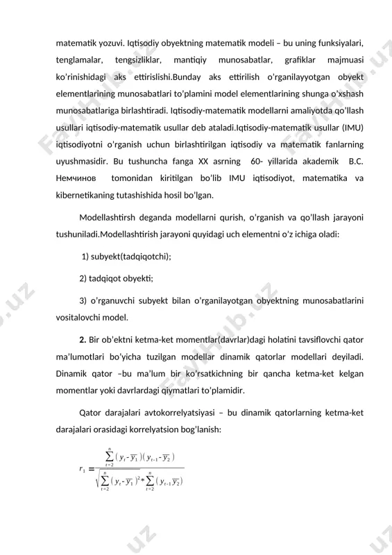 0142702 50,60581 7,791812 49,626 jadval ma’lumotlari asosida normal tenglamalr sistemasini tuzamiz; tenglamani yechib =13.437 va natijalarini olamiz regressiya tenglamasi quyidagicha bo’ladi =13.437 korrelyatsiya indeksini topamiz r===0.918 fisherning f-kriteriyasi miqdori determinatsiya koeffitsienti bilan quyidagichabog’langan: =(n-2) n3 agar α=0,05 (besh foizli ma’nodorlik darajasi) va erkinlik darajasi va =n-2 bo’lsa, tasodifiy miqdorlarning fisherning taqsimoti keltirilgan jadvallardan fisherning f belgisi jadval qiymati - topiladi. agar ushbu jadv haqiqiy tengsizlik o’rinli bo’lsa, regressiya tenglamasi statistik ma’nodor hisoblanadi. yuqoridagi misolimizda =0,843 =(n-2) n3 =(7-2)=26.847 jadvalda =6,61 shart bajariladi. demak qurilgan regressiya tenglamasining ma’noga ega ekanligi haqida xuolsa qilish mumkin. korrelyatsiya indeksini topamiz r==