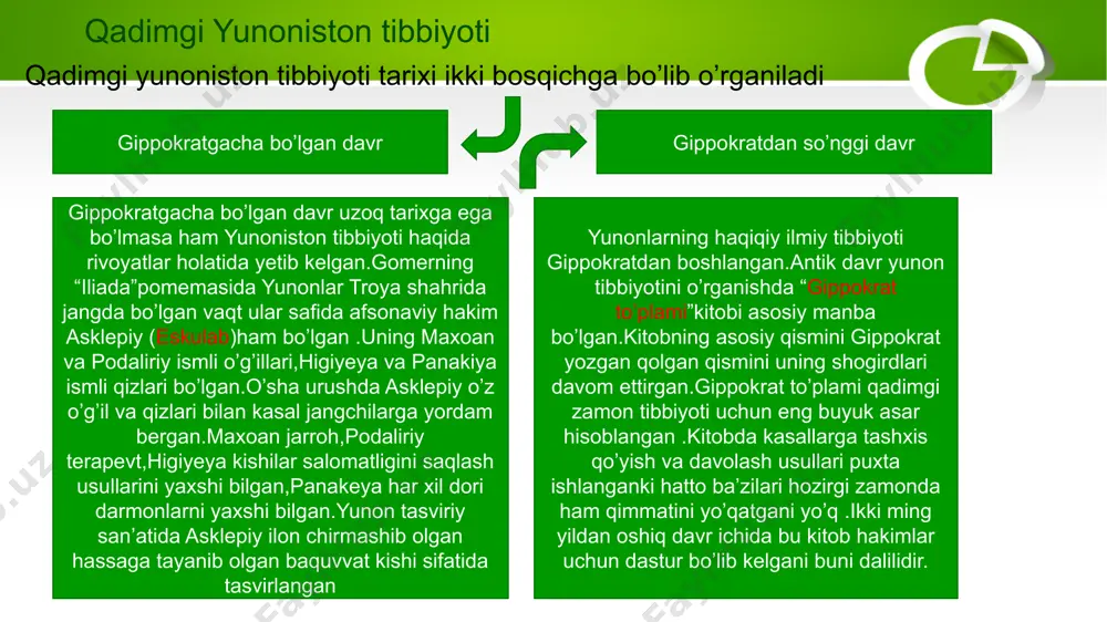 n «umumiy» kasalliklar 2. odamning yoshi, ovqatlanishi, yashash va mehnat sharoitlaridan kelib chiquvchi «shahsiy» sabablar. gippokratning fikricha ,har xil temperamentli kishilarga bo’lingan odamlar turli kasalliklarga nisbatan sezgir bo’ladi.masalan: flegmatiklar quruq va issiq kunlari o’zlarini yaxshi xis etib , qor yomg’ir kunlarida esa yomon his etadilar.xoliriklarning iqlimi quruq bo’lgani uchun ular havo nam haroratga chiday olmaydilar.melonxoliklar kasallikka tez-tez chalinib turadilar. sangiviniklar esa eng chidamli toifali odamlar hisoblanadi.gippokrat dunyoda birinchi bo’lib har kasalga kasallik tarixi varaqasini joriy etadi. antik davr tabibi klavditiy galen galen klavdiy yoki claudius galenus qadimgi rim vrachi va tabiatshunosi. sharqda jolinus hakim nomi bilan mashhur. tibbiyot va falsafaga oid koʻplab asarlar muallifi. "inson tanasining qismlari haqida"gi mumtoz asarida birinchi marta bir butun organizmni anatomikfiziologik jihatdan tasvir-lab bergan. tabobat tarixida qon aylanish toʻgʻrisidagi dastlabki gʻoyalarni ilgari surgan. odam anatomiyasi va fiziologiyasi ilmiy diagnostika, davolash va profilaktikaning asosi ekanligini koʻrsatib bergan. galen antik tibbiyot haqidagi tasavvurlarni yagona taʼlimot tarzida umumlashtirib, …