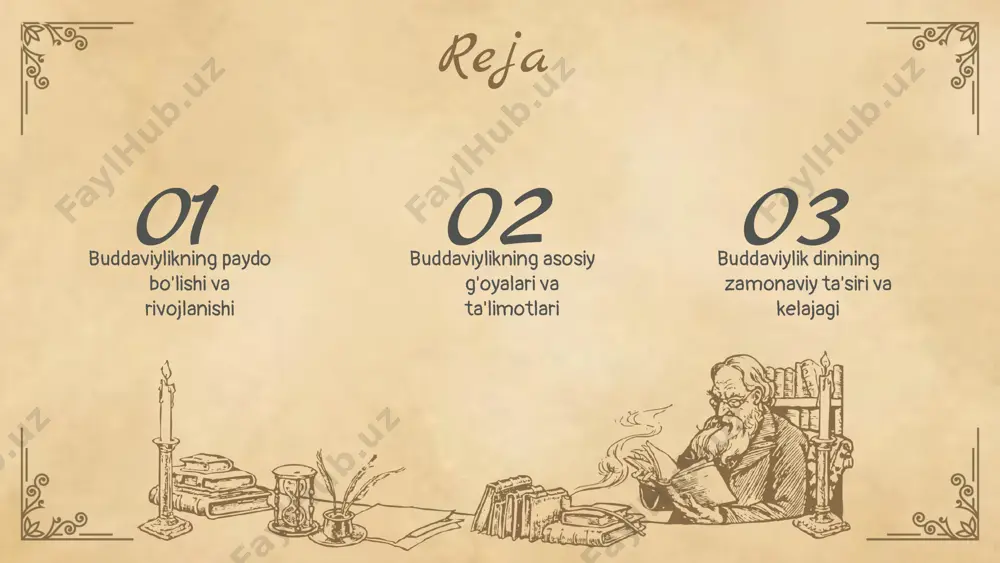 lgan. u siddhartha gautama tomonidan asos solingan. - buddizmning sharqiy osiyo va janubiy osiyodagi ta'siri: buddizm xitoy, koreya va yaponiyaga tarqalib, mahalliy madaniyatlar bilan uyg'unlashdi. - buddizmning g'arbda qabul qilinishi: xx asrda g'arbda buddizmga qiziqish ortdi va ko'plab odamlar ruhiy yo'l sifatida qabul qildilar. - mintaqaviy farqlar va o'ziga xosliklar: har bir mintaqada buddizm o'ziga xos shakl va amaliyotlarga ega bo'lib, mahalliy an'analarga moslashgan. buddaviylikning tarixiy merosi buddizmning madaniyat va san'atga ta'siri juda katta, u ko'plab mamlakatlarda arxitektura va haykaltaroshlikda o'z ifodasini topgan. tarixiy obidalar, masalan, buxorodagi bolo-hauz masjidi, buddizm g'oyalarini aks ettiradi va ularning ahamiyati beqiyosdir. zamonaviy jamiyatda buddizm ko'plab insonlarga ruhiy ozuqa va hayot haqidagi saboqlarni beradi, bu esa ahamiyatini yo'qotmaydi. 01 02 03 buddaviylikning asosiy g'oyalari • buddaviylikning asosiy tushunchalari to'rt haqiqiylikdan iborat: dukkha (og'riq), samudaya (sabablari), nirodha (og'riqni to'xtatish) va magga (yo'l). • bu tushunchalar har bir insonning hayotini chuqur anglashiga yordam beradi. • buddaviylikda hayot …
