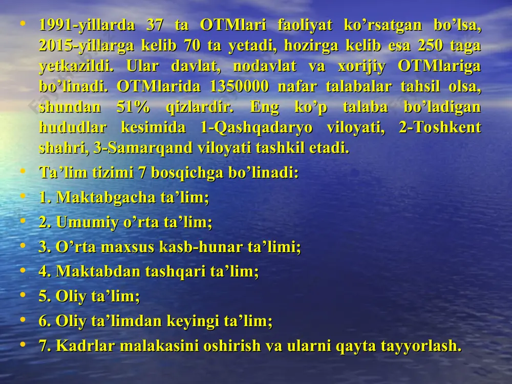 lim muassasalari qoshidagi integrasiya guruhlari; -umumta’lim maktablari qoshidagi logopediya punktlari va integrasiya sinflari; - maxsus kasb-hunar kollejlaridagi integrasiya guruhlari. mazkur muassasalarda ko’zi ojiz, zaif ko’ruvchi, kar va zaif ko’ruvchi, aqli zaif, ruhiy rivojlanishi sustlashgan, tayanch harakati a’zolari harakati buzilgan, nutqida murakkab nuqsoni bo’lgan bolalar ta’lim-tarbiya oldi. yoshlarni har tomonlama barkamol qilib voyaga yеtkazishda sportning ham ahamiyati katta hisoblanadi. o’tgan davr mobaynida o‘zbekiston bolalar sportini rivojlantirish jamg’armasi mablag’lari hisobidan 1500 dan ortiq zamonaviy sport inshootlari qurildi. har yili bo’lib o’tadigan, uch bosqichdan iborat (maktab o’quvchilari uchun “umid nihollari”, litsey va kollej o’quvchilari uchun “barkamol avlod”, oliy o’quv yurti talabalari uchun “universiada”) sport musobaqalari tizimi shakllantirildi. bu esa yuz minglab bolalar, o’smirlar, yigit va qizlarni jismoniy tarbiya va sportga jalb etish imkonini berdi. jumladan, birgina 2015 yili 1 ming 668 nafar sportchimiz, jumladan, 567 nafar qizimiz 165 ta xalqaro musobaqada ishtirok etib, 983 ta medalni qo’lga kiritdi, yosh iqtidorli musiqachi va ijrochilarimiz …