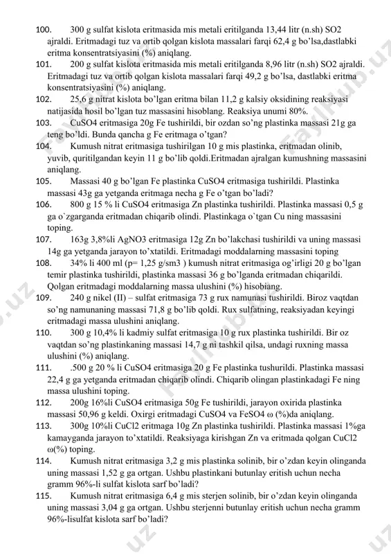 sil bo’lgan, 1 mol ruxni eritish uchun necha gramm nitrat kislota sarflanadi? 91. nitrat kislota eritmasining cu bilan reaksiyasi natijasida no2 va no gazlari 2:2 mol nisbatda hosil bo’lgan, 1 mol misni eritish uchun necha gramm nitrat kislota sarflanadi? 92. nitrat kislota eritmasining ni bilan reaksiyasi natijasida no2 va no gazlari 3:3 mol nisbatda hosil bo’lgan, 1 mol nikelni eritish uchun necha gramm nitrat kislota sarflanadi? 93. nitrat kislota eritmasining pb bilan reaksiyasi natijasida no2 va no gazlari 4:4 mol nisbatda hosil bo’lgan, 1 mol qo’rg’oshinni eritish uchun necha gramm nitrat kislota sarflanadi? 94. mis va temirdan iborat 6 g aralashmaga konsentrlangan nitrat kislota ta‘sir etganda 2,24 l (n.sh.da) gaz ajralib chiqdi. aralashmadagi temir massasini (g) aniqlang. 95. rux va temirdan iborat 10 g aralashmaga konsentrlangan nitrat kislota ta‘sir etganda 4,48 l (n.sh.da) gaz ajralib chiqdi. aralashmadagi alyuminiy massasini (g) aniqlang. 96. mis va alyuminiydan iborat 20 g aralashmaga konsentrlangan …