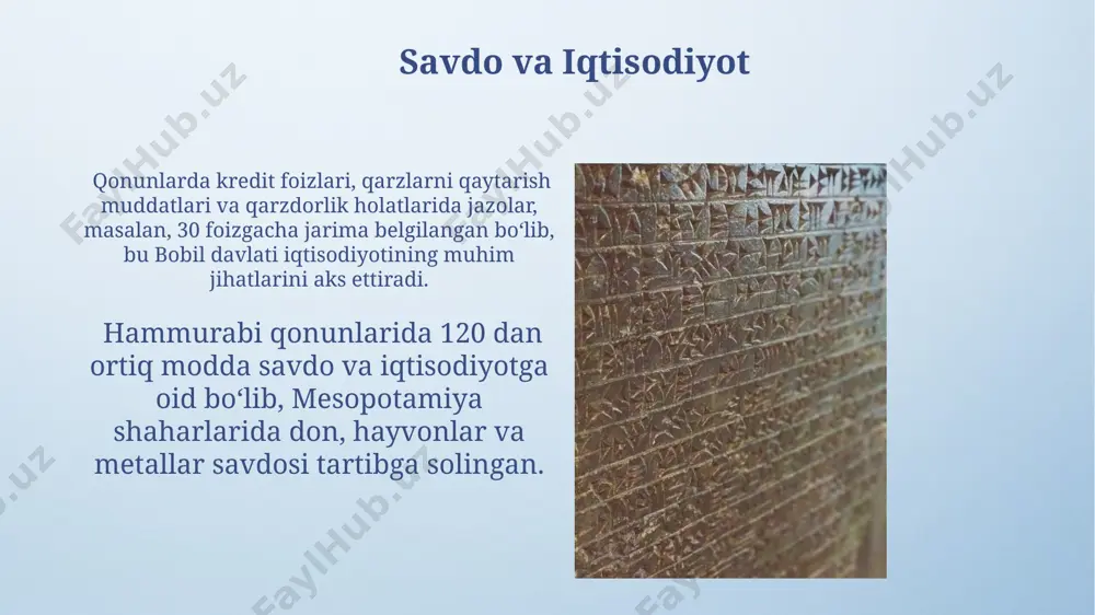 nishiga asos bo'lgan va huquqiy adolat tushunchasini rivojlantirishda muhim rol o'ynagan. hammurabi qonunlar to'plami mesopotamiya hududida, taxminan miloddan avval 1754-yilda qabul qilingan bo'lib, 282 ta qonunni o'z ichiga olgan va jamiyatdagi ijtimoiy ierarxiyani aks ettirgan. jinoyatlar va jazolar qonunlarning 196-moddasi, uy hayvonlariga etkazilgan zarar uchun 10 shekel jarima belgilagan bo'lib, bu o'sha davr uchun muhim miqdor edi. hammurabi qonunlar to'plami, mesopotamiya hududida miloddan avvalgi 1754-yilda yaratilgan bo'lib, 282 ta qonunni o'z ichiga olgan. hammurabi kim edi? ҳаммурапи кодекси б.э.ч. 1754 йилда, шу билан бирга, бобил шаҳрида яратилган бўлиб, 282 та қонундан иборат йирик ҳуқуқий ҳужжатдир. кодексдаги жазолар, айбдорнинг ижтимоий мавқеига қараб, ўлим жазосидан то жаримагача турлича бўлган ва кўпинча "кўз учун кўз, тиш учун тиш" принципига асосланган. e'tiboringiz uchun rahmat @taqdimot_robot image4.png image5.jpg image6.jpg image7.jpg image8.jpg image9.jpg image10.jpg image11.jpg image12.jpg image13.jpg image14.jpg image15.jpg image16.jpg image17.jpg image18.jpg image19.jpg image20.jpg image21.jpg image3.jpeg