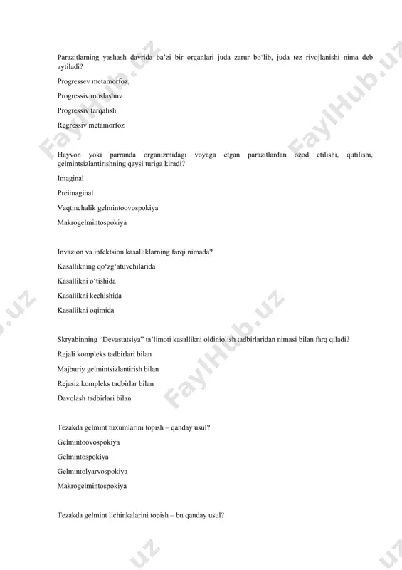 lab 3045 minut tindirilib, so‘ngra 12 tomchi olib buyum oynachasiga o‘tkazilib, qoplag‘ich oynacha bilan yopib mikroskop ostida tekshirish usuli qaysi usul? kalantaryan usuli darling usuli sherbovich usuli vayda usuli tekshirish uchun 510 g tezak namunasi olinib, stakanchaga solinadi, ustiga 1:20 nisbat hosil bo‘lguncha magneziy sulfat tuzining to‘yingan eritmasi solib aralashtiriladi, simli to‘r yoki doka orqali filtrlab 3045 minut tindirilib, so‘ngra 12 tomchi olib buyum oynachasiga o‘tkazilib, qoplag‘ich oynacha bilan yopib mikroskop ostida tekshirish usuli qaysi usul? sherbovich usuli darling usuli vayda usuli kalantaryan usuli tekshirish uchun 510 g tezak namunasi olib stakanga solinadi, ustiga oddiy toza suvdan solib aralashtiriladi, ikkinchi stakanga yoki sentrifuga probirkalariga filtrlab solinadi, so‘ngra uni sentrifugaga qo‘yib bir minut davomida 1000 aylantirishda (oborotda) sentrifuga qilinadi, so‘ngra namunaning suyuq qismi olib tashlanib, ustiga darling suyuqligi solib yana bir minut davomida sentrifugalab, namuna shtativga o‘rnatilib, namunaning yuzasidan 12 tomchi olib buyum oynachasiga o‘tkazilib, qoplag‘ich oynacha bilan yopib mikroskop ostiga …