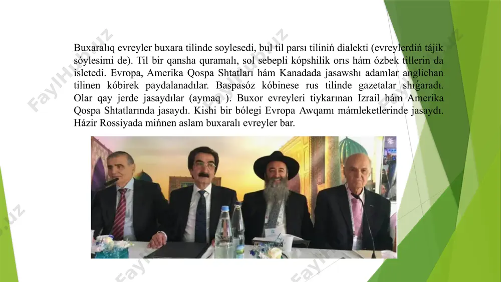 túsip, tájim qılıw kerek edi; xalattı oramal menen baylaw qadaǵan etilgen; salle kiyiw qadaǵan etilgen. olar buxorlik evreylerdi derlik zorlıq menen islam dinine kiritmoqchi boldı. kópshilik salıq tóliy almaǵanı ushın ıqtıqatınan waz keshiwge májbúr boldı. tolıqmaslik ólimge alıp keliwi múmkin. keyinirek kóplegen evreyler evreylikke qayttılar hám búgingi kúnde buxarada olar barlıq huqıq hám erkinliklerge iye. buxara evreylerinde júdá kóp úrp-ádetler ámeldegi bolıp, olardıń kópshiligi eń ápiwayı waqıyalar menen baylanıslı. mısalı, xomlo-áywan ádeti ámeldegi bolıp, ol balanıń mektepke barıwınıń birinshi kúni qatnası menen shańaraqta islengen pútkil bayram menen birge keledi. dástúrleri úrp-ádetlerge kóre, ul balalar 13 jasda, qızlar bolsa 12 jasda úlken boladı. bul ádet ósip baratırǵan balalarǵa óz háreketleri ushın juwapker bolıwı kerekligini túsiniw ushın jaratılǵan. adam er jetkeninde turmıs qurıwǵa ruxsat berdi. evreyler arasında toy - dástúrler kózqarasınan eń qızıqlı hádiyse. toy, álbette, úsh basqıshnı óz ishine aladı : qatnasıw koshchinon toy neke waqtında kelindiń ata-anası jańa turmıs qurǵanlardı …