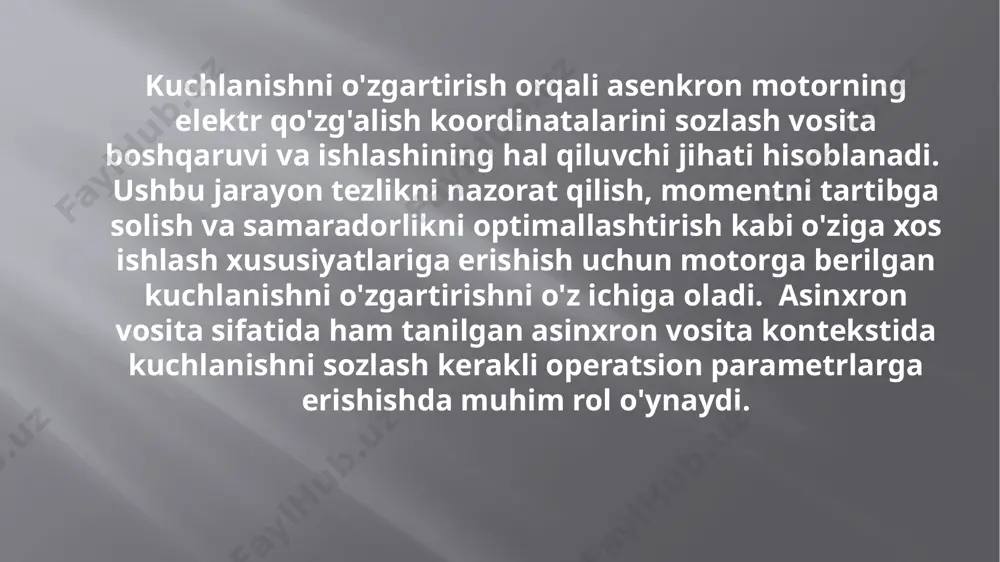 tarzda moslashtirilishi mumkin, bu esa ish samaradorligi va ishonchliligini oshirishga olib keladi. ushbu jarayon ko'pincha vosita ishini dastur talablari bilan aniq muvofiqlashtirishga erishish uchun ilg'or boshqaruv tizimlari va o'zgaruvchan chastotali drayverlardan foydalanishni o'z ichiga oladi. xulosa image2.jpeg image3.jpeg /docprops/thumbnail.jpeg