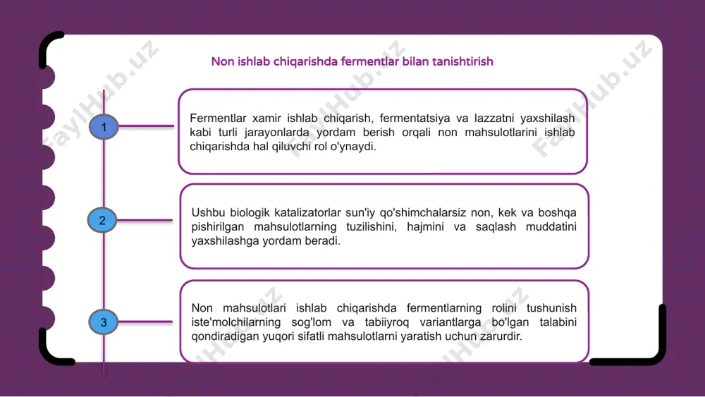 larga jozibali rang va lazzat beradi. enzimatik qizarish polifenol oksidaza kabi fermentlar mevalar yoki boshqa tarkibiy qismlardagi fenolik birikmalar bilan o'zaro ta'sirlashganda sodir bo'ladi. bu jarayon jigarrang pigmentlarning shakllanishiga olib keladi, pishirilgan mahsulotlarning vizual jozibadorligini oshiradi. umuman olganda, non mahsulotlarida fermentlarni qo'llash nafaqat tashqi ko'rinishini yaxshilaydi, balki lazzat rivojlanishiga va saqlash muddatiga ham hissa qo'shadi. yuqori sifatli mahsulotlarni yaratish uchun novvoylar uchun fermentativ reaktsiyalarni tushunish juda muhimdir. 1 2 3 glutensiz pishirish uchun fermentlar fermentlar glyutensiz pishirishda hal qiluvchi rol o'ynaydi, bu esa pishirilgan mahsulotlarning tuzilishini va ko'tarilishini yaxshilash uchun kleykovina o'rnini bosuvchi murakkab oqsillarni parchalaydi. amilaza fermentlari glyutensiz undagi kraxmallarni shakarga aylantirishga yordam beradi, xamirturush uchun oziq-ovqat beradi va mahsulotning umumiy ta'mi va tuzilishiga hissa qo'shadi. proteaz fermentlari glyutensiz xamirlarda oqsillarni parchalaydi, elastiklikni yaxshilaydi va yakuniy non mahsulotlarida yanada jozibali tuzilishni yaratadi. qandolat mahsulotlari ishlab chiqarishda ferment texnologiyasi fermentlar non mahsulotlari ishlab chiqarishda, ayniqsa qandolatchilikda hal qiluvchi rol o'ynaydi. …