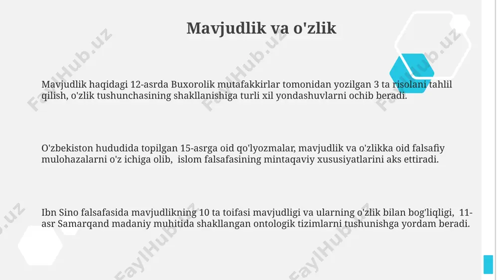 uflari tomonidan keng o‘rganilgan. "mavjudlik va vaqt" asari, uning 3 qismdan iborat bo‘lib, heideggerning ontologik tadqiqotlarini aks ettiradi va 1927-yilda tübingen universitetida nashr etilgan. o‘zbekistonning zamonaviy falsafa muhitini hisobga olgan holda, "mavjudlik va vaqt" mavzusidagi 5 dan ortiq ilmiy maqolalar va monografiyalar mavjud. mavjudlikning ontologik talqini mavjudlikka oid ontologik bahslar, samarqanddagi madrasalarda 15-asrda 2 ta raqobatdosh maktab – ishroqiy va peripatetik falsafalar o'rtasida qizg'in muhokamalarga sabab bo'lgan. mavjudlikning ontologik talqini, 11-asrda buxoroda yashagan allomalar tomonidan 3 ta asosiy ontologik kategoriya doirasida, ya'ni modda, shakl va imkoniyat nuqtai nazaridan tahlil qilingan. 20-asr oxiri va 21-asr boshlarida o'zbekistondagi ontologiya tadqiqotlari mavjudlikning zamonaviy interpretatsiyalari, xususan, ekzistensializm va fenomenologiyaga 5 ta asosiy yo'nalishda e'tibor qaratdi. mavjudlikning turli shakllari mavjudlikning jismoniy shakli, masalan, 1000 kg og'irlikdagi tog' jinslari, o'zbekistonning tog'li hududlarida mavjud bo'lib, uning mavjudligi sezilarli va aniq o'lchanishi mumkin. abstrakt mavjudlikning bir turi sifatida, 27-bandga muvofiq, "adolat" tushunchasi, g'arb falsafasida keng muhokama qilinadi va …