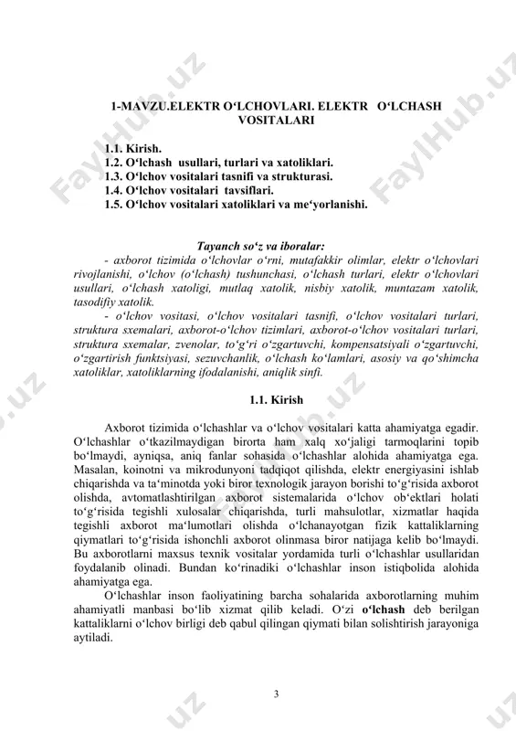 nomik kuzatishlar olib borgan. fan va texnikaning rivojlanib borishi bilan oʻlchashlar turlari orasida sekin-astalik bilan elektr oʻlchovlari maʻqul koʻrila boshladi. chunki elektr oʻlchovlari usullari va vositalari yordamida elektr va noelektr kattaliklarni yuqori aniqlikda oʻlchashga imkoniyat tugʻiladi. dunyodagi birinchi elektr oʻlchov asbobi – «elektr kuchini koʻrsatkichi» 1745 yilda akademik g. v. rixman tomonidan yaratilgan. bu elektrometr boʻlib atmosferadagi elektrlanishni oʻrganish uchun moʻljallangan sodda asbob edi. «elektr kuchini koʻrsatkichi» (1.1-rasm) ushbu asbob 1 metal ustun va uning ustki qismiga maxkamlangan 2 kanop ipdan iborat. ustunning asosiga 3 kvadrant qotirilgan. kvadrantning radiusi kanop ipdan uzunroq. agar 1 ustunni elektrlangan jisim bilan tutashtirilsa, u xolda ustun va kanop ip bir xil ishora bilan elektrlanish natijasida ip ustundan uzoqlashadi. elektr kuchi borligini ipning ogʻish miqdoridan bilish mumkin. ipning ogʻish miqdori esa yogʻoch kvadrant shkalasidan oʻlchanadi. 1.1- rasm. elektr kuchini koʻrsatkichi. l. galvani va a. volt tomonidan elektr toki nazariyasining masalalari ustidan ishlari tok kuchini aniqlaydigan …