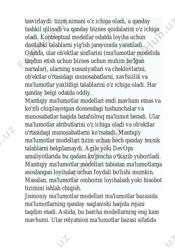 ir mijoz ushbu manzilda "yashaydi". agar ushbu model "buyurtmalar" ob'ektini o'z ichiga olgan holda kengaytirilsa, har bir buyurtma ham manzilga yuboriladi. bu munosabatlar odatda yagona modellashtirish tili (uml) yordamida hujjatlashtiriladi. 4.ob'ektlar uchun atributlarni to'liq xaritalash. bu model biznesning ma'lumotlardan qanday foydalanishini aks ettirishini ta'minlaydi. bir nechta rasmiy ma'lumotlarni modellashtirish usullari keng qo'llaniladi. ob'ektga yo'naltirilgan ishlab chiquvchilar ko'pincha tahlil naqshlari yoki dizayn naqshlaridan foydalanadilar, biznesning boshqa sohalaridagi manfaatdor tomonlar esa boshqa naqshlarga murojaat qilishlari mumkin. 5.zarur bo'lganda kalitlarni tayinlang va normalizatsiya darajasini aniqlang. normalizatsiya ma'lumotlar modellarini tashkil qilish usuli bo'lib, unda ma'lumotlar guruhlariga raqamli identifikatorlar (kalitlar) berilgan, ular o'rtasida ma'lumotlarni takrorlamasdan munosabatlarni o'rnatish. misol uchun, agar har bir mijozga kalit berilgan bo'lsa, bu kalit ularning manzili va buyurtma tarixi bilan bog'lanishi mumkin, bu ma'lumotni mijozlar nomlari jadvalida takrorlamasdan. normalizatsiya ma'lumotlar bazasi tomonidan talab qilinadigan disk maydoni miqdorini kamaytirishga yordam beradi, ammo so'rovlar ishlashiga ta'sir qilishi mumkin. 6. ma'lumotlar modelini to'ldiring va …