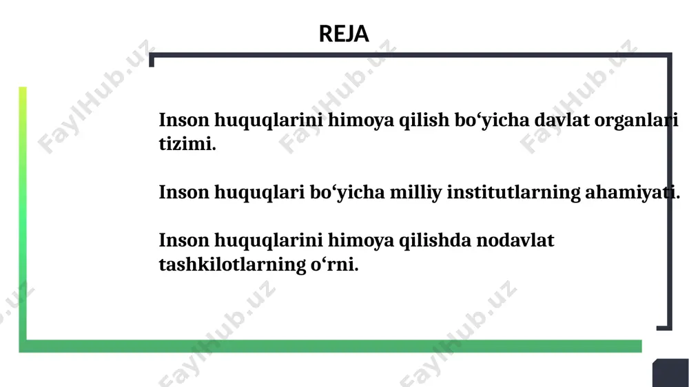 ari boʻyicha milliy institutlar inson huquqlari bo‘yicha milliy institut - inson huquq va erkinliklarini himoya qilish, qo‘llab-quvvatlash va ularga rioya qilinishini taʼminlash maqsadida konstitutsiya yoki qonun bilan taʼsis etiladigan mustaqil organ. 9 2 + 9 10 10 11 11 image5.png image2.png image4.svg image6.jpg image1.png image2.svg image7.png image8.jpg image9.png image4.png image10.jpg image11.jpg image12.png image13.png image14.jpg image15.jpg image16.emf image17.emf
