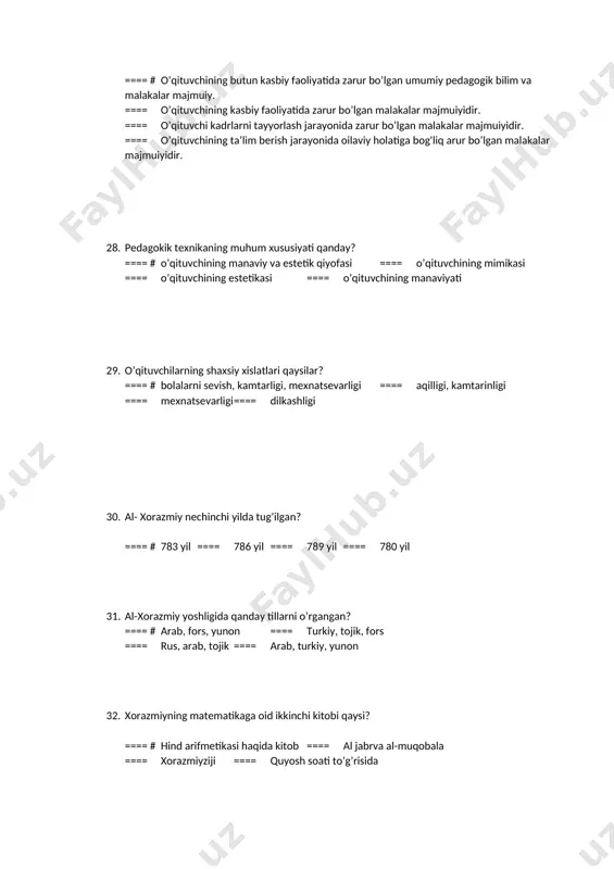 gliyaning eng yaxshi universiteti ==== # loughborough universiteti ==== oksford universiteti ==== kembrij universiteti ==== london imperial kolleji 49. bugunga kelib boloniya jarayoni nechta mamlakatni qamrab olgan? ==== # 47 ta ==== 33 ta ==== 45 ta ==== 29 ta 50. o’zbekiston milliy universiteti webometriss reytingiga ko’ra dunyoda nechinchi orinni egallaydi? ==== # 4761 ==== 1434 ==== 116 ==== 1457 51. amaliyotda necha kredit rasmiy o’quv yili uchun yuklama hisoblanadi? ==== # 60 ==== 50 ==== 45 ==== 65 52. fransiya ta’lim tizimida bolalar necha yoshdan boshlangich ta’lim maktablariga qabul qilinadilar? ==== # 6 yoshdan ==== 7 yoshdan ==== 11 yoshdan ==== 5 yoshdan 53. o’qituvchining faoliyati qanday jarayonning harakat vositasi hisoblanadi? ==== # pedagogik ==== psixologik ==== biologik ==== fiziologik 54. fransuz maktablarida nafosat ta’limi necha tartibdan iborat? ==== # 3 tartibdan iborat: musiqa, tasviriy san’at, sport ==== 2 tartibdan iborat: adabiyot, musiqa ==== 1 tartibdan iborat: tasviriy san’at …