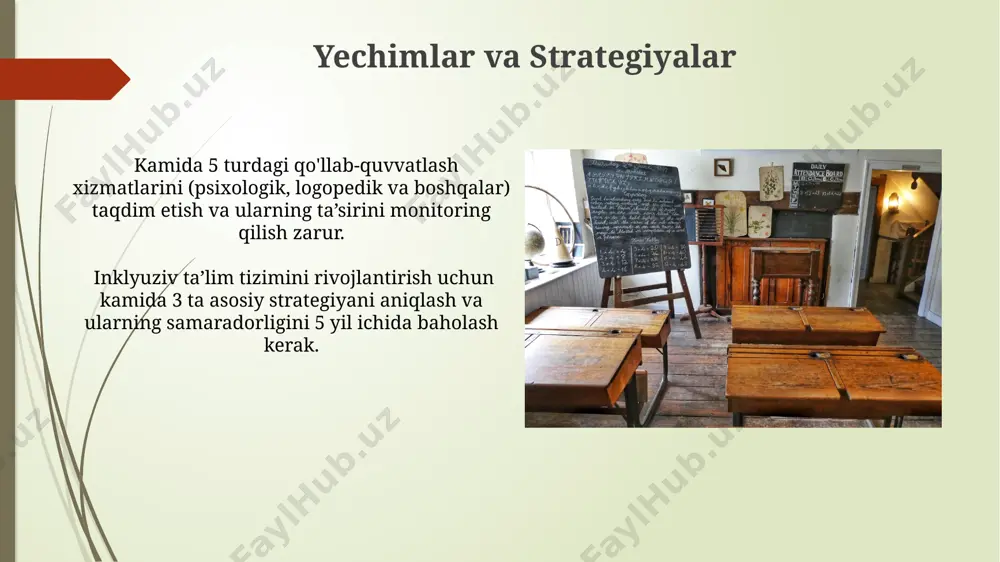 jtimoiy ko'nikmalarini rivojlantirish imkoniyatiga ega bo'lib, ijtimoiy integratsiyani 30% ga yaxshilaydi. muvaffaqiyatli inklyuziv maktab misollari inklyuziv ta'limni joriy etgan toshkentdagi 10 ta maktabda o'quvchilarning akademik ko'rsatkichlari 15-20% ga oshganligini tadqiqotlar ko'rsatmoqda. samarqanddagi 15-maktabda inklyuziv ta'limning samaradorligini oshirish uchun 50 dan ortiq o'qituvchi maxsus treninglar o'tkazgan va yangi pedagogik texnologiyalarni qo'llamoqda. o'qituvchilarning tayyorgarligi va malakasi inklyuziv sinflarni boshqarish bo'yicha o'qituvchilarning kompetensiyasini baholash uchun kamida 3 ta asosiy mezon (masalan, individual yondashuv, differensiatsiya, hamkorlik) qo'llanilishi tavsiya etiladi. o'qituvchilarning kamida 80%i inklyuziv ta'lim metodologiyalari, shu jumladan, differensial o'qitish va o'quvchilarning turli ehtiyojlarini qondirish usullarini bilishi shart. o'quvchilarning xususiyatlarini hisobga olish o'quvchilarning 70% ga yaqini turli xil o'rganish uslublariga ega bo'lib, ularning individual ehtiyojlarini qondirish uchun diversifikatsiyalashgan ta'lim strategiyalari zarur. har bir o'quvchining kognitiv, ijtimoiy-emotsional va jismoniy rivojlanish darajasini hisobga olgan holda, kamida 3 xil baholash usuli qo'llanishi kerak. e'tiboringiz uchun rahmat @taqdimot_robot image1.jpg image2.jpg image3.jpg image4.jpg image5.jpg image6.jpg image7.jpg image8.jpg image9.jpg image10.jpg image11.jpg …