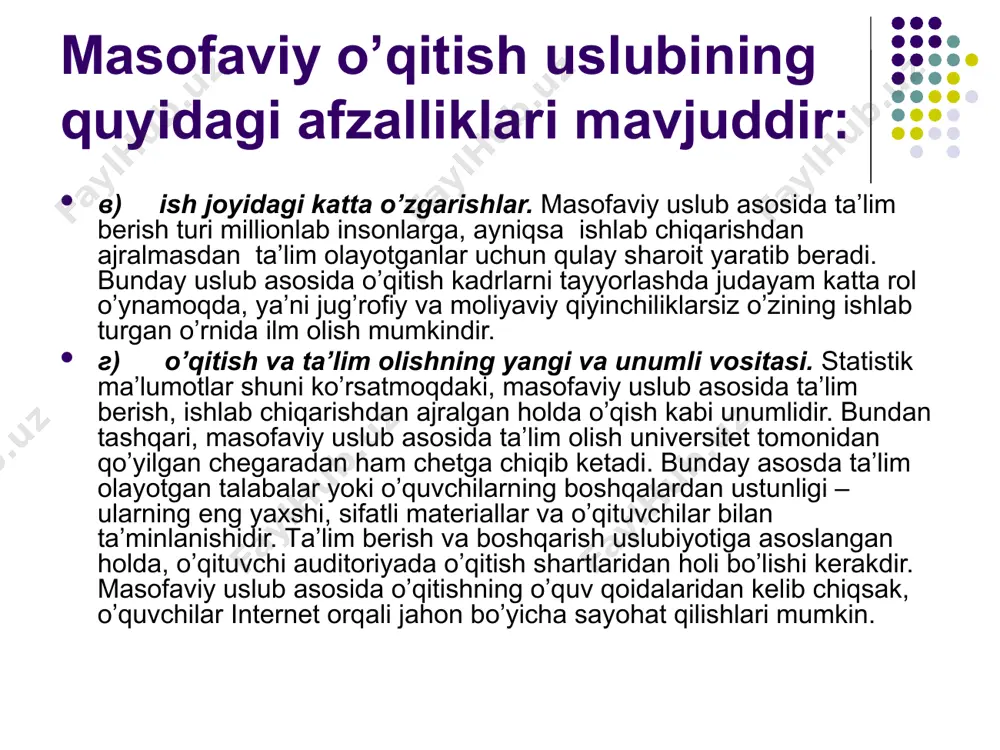 hga mas’uldirlar. bu sohaga yaqin xorijiy davlatlarda ham e’tibor kuchaytirilmoqda. muhimi shundaki, prezidentimiz i.karimov tomonidan milliy dasturni ro‘yobga chiqarish bosqichida “o‘quv-tarbiyaviy jarayonni ilg‘or pedagogik texnologiyalar bilan ta’minlash” muhim vazifalardan biri sifatida belgilandi. bugun o‘zbekiston demokratik huquqiy davlat va adolatli fuqarolik jamiyati qurish yo‘lidan izchil borayotganligi uchun kadrlar tayyorlash tizimi tubdan isloh qilindi, davlat ijtimoiy siyosatida shaxs manfaati va ta’lim ustuvorligi qaror topdi. o‘quv-tarbiyaviy jarayonni ilg‘or pedagogik texnologiyalar bilan ta’minlash zarurati kadrlar tayyorlash milliy dasturini ro‘yobga chiqarish shartlaridan biridir. respublikamizdagi o‘rta maxsus kasb-hunar ta’limi tizimida tahsil olayotgan talabalarni ilg‘or pedagogik va axborot texnologiyalari bo‘yicha yangi bilimlar tizimi bilan qurollantirishni uzluksiz tashkil etish davr talabidir. hozirgi zamon sharoitida, yuqori malakali kadrlarni tayyorlashda, o‘qitishning hozirgi zamon tizimlari va yangi pedagogik texnologiyalari asosida amalga oshirilishi maqsadga muvofiqdir. yangi pedagogik texnologiyalarni hislati shundaki, unda qo‘yilgan maqsadlarga erishish kafolatini beruvchi o‘quv jarayoni rejalashtiriladi va amalga oshiriladi. darhaqiqat, mashg‘ulotlarning muvaffaqiyatli o‘tishining 80% i ta’lim jarayonini to‘g‘ri loyihalashtirish, …