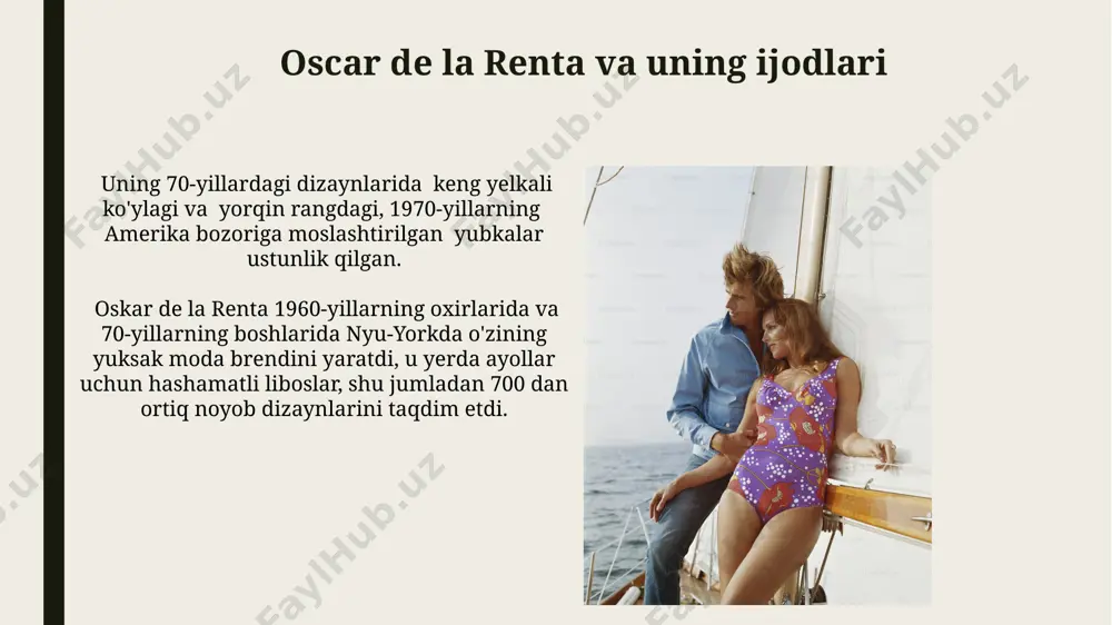 daniyati ta'siri ostida, yorqin ranglar, velur va atlas kabi materiallar, va ko'pincha "bell bottoms" deb nomlangan keng shim o'rin oldi. 70-yillardagi erkaklar modasida, italiya dizaynerlari tomonidan yaratilgan klassik kostyumlar o'zining nafis kesimi va yuqori sifatli materiallari bilan ajralib turar edi, ko'pincha 3 dona tugmali paltolar mashhur edi. 70-yillardagi ayollar modasi 1970-yillarda, parij va nyu-york kabi moda poytaxtlarida, dizaynerlar yorqin ranglar, katta naqshlar va etnik naqshli mato - masalan, 50% ipak va 50% paxta aralashmalari - ni qoʻllab, bohem va diskoteka uslublarini yaratdilar. 70-yillardagi ayollar kiyimlarida, taxminan 30 dan ortiq turdagi denim materiallari, shu jumladan, paltolar, koʻylaklar va jinsi shimlarda qoʻllanilgan boʻlib, bu material kaliforniya shtatida keng tarqaldi. disko davrining ta'siri 70-yillardagi diskoteka uslubi, parij va milanda yaratilgan 30 dan ortiq to’plamdagi dizaynerlarning ishlariga ta’sir ko'rsatib, "glam-rok" va "boho-shik" kabi uslublarning paydo bo'lishiga turtki bo'ldi. 70-yillarning diskoteka madaniyati, ayniqsa nyu-york va los-anjeles kabi yirik shaharlarda, 20 dan ortiq yangi dizayn oqimlarini, …