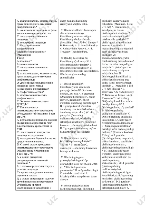 enttıń neytrallaw * b. antibiotiklar, antihistaminikler, diuretiklar c. reanimatsiya, eger kerek bolsa hám diuretiklar d. moyin aymaǵın qısıw hám reanimatsiya 114. kislota kúyiwin neytrallashtiradigan dári (merzlikin 2012 t1 p 290 ) a. ishimlik soda eritpesi yamasa ápiwayı jıllı suv* b. sherbetler hám kompotlar c. kaliy permanganat hám furatsillin eritpesi d.glyukoza eritpesi hám gipertonik eritpe 115. óńesh torayishining tiykarǵı belgisi (kuzin 2018 jıl 245 bet) a. disfagiya* b. ezofagit c.pilorospazm d. laringospazm 116. laringospazm, chidab bolmaydı jótel hám awqattı utqanda bo'g'ilish qaysı keselliktiń belgisi bolıp tabıladı? (kuzin 2018 245-bet) a. óńeshning joqarı dárejede torayishi* b. óńesh divertikulining joqarı jaylasıwı c. óńeshning kem torayishi d. saraton procesiniń tómen jaylasıwı. 117. óńeshning sikatrisli torayishining eń kóp ushraytuǵın tásirlerinen biri ne? (kuzin 2018 246 -bet) a. óńeshning awqat menen to'silishi b. óńeshning so'lak menen to'silishi c. toraygan jayınıń jaman o'smasi d. toraygan jayınıń jarası 118. kóbinese tsikatrial torayishida qanday sozılmalı kesellikler gúzetiledi. óńesh (kuzin …