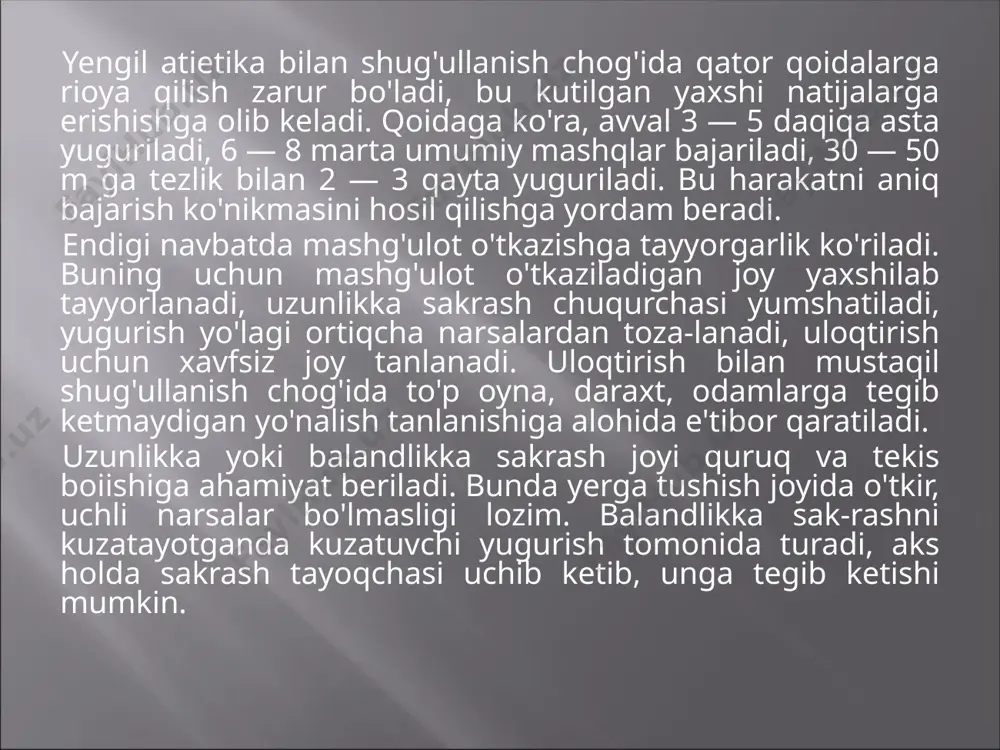 adovga (10,50 sek. elektron hisoblagich); qizlar o'rtasida ludmila lapshina (11,85 sek.) ga tegishli. bu masofaga yugurish bo'yicha jahon rekordi erkaklar orasida 6,39 s ga teng (elektron sekundomer bo'yicha). bunga amerikalik moris grin erishgan. ayollar orasida —6,92 s bo'lib (elektron sekundomer bo'yicha), bunga rossiyalik irina privalova erishgan. jismoniy tarbiya darslarida 2 x 30, 2 x 20, 60 m yoki 100 m masofalarga ( 1, 2, 3 o'quvchi) oddiy sekundomer o'lchovi asosida yuguriladi. bir necha darsdan keyin dastlab 30 m ga, 2 — 3 darsdan keyin 60—100 m ga yugurish me'yorlari topshiriladi. ^pastki start — tez yugurib ketish uchun qulay bo'lgan dastlabki holat. pastki startdan yugurish uchun tayanch, chuqurcha yoki start g'o'lachalari (kolodka)dan foyda-laniladi. ,jstart" k'omandasi berilganda: „diqqat" komandasi berilganda orqada turgan oyoq tizzasi yerdan uziladi, tana og'irligi to'rf tayanch nuqta (qo'llar va oyoqlar)ga tushadi. "komandasi berilganda gavdani tezda to'g'rilab, orqada turgan oyoq bilan birinchi qadam qo'yiladi, qo'llar keskin harakatlanadi, so'ngra ikkinchi, …
