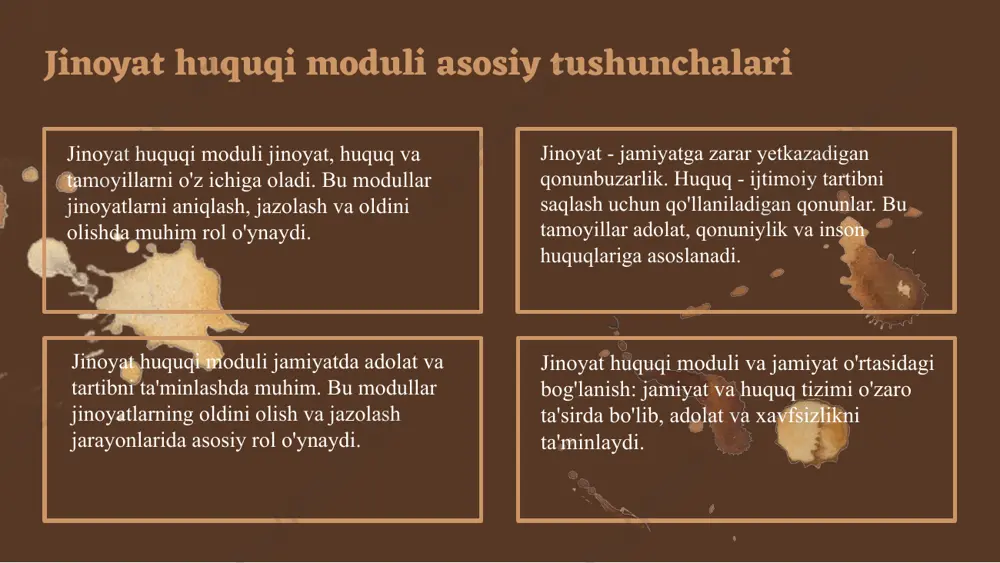 yoti, 2019. 3. qodirov b. jinoyat huquqi va amaliyoti. samarqand: samarqand davlat universiteti nashriyoti, 2021. 4. yusufov s. jinoyat huquqi nazariyasi va amaliyoti. toshkent: adliya nashriyoti, 2018. 5. rahimov h. jinoyat huquqi modullari va ularning rivojlanishi. o‘zbekiston huquqshunoslar assotsiatsiyasi jurnali, 2022, 15(3): 45-60. e'tiboringiz uchun rahmat! image1.png image2.png image3.png image4.png image5.png image6.png image10.jpg image11.jpg image7.jpg image12.jpg image9.png