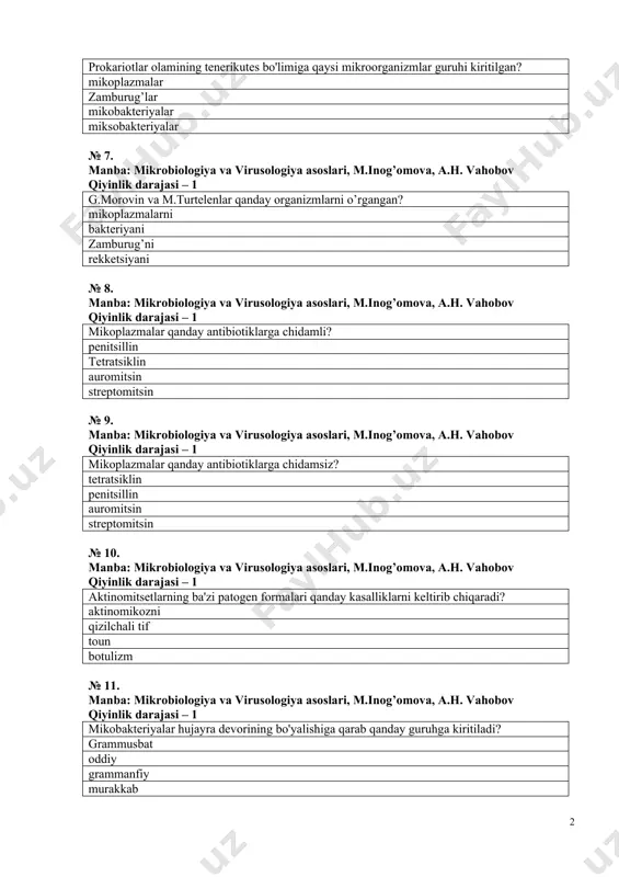 ketsiyani № 8. manba: mikrobiologiya va virusologiya asoslari, m.inog’omova, a.h. vahobov qiyinlik darajasi – 1 mikoplazmalar qanday antibiotiklarga chidamli? penitsillin tetratsiklin auromitsin streptomitsin № 9. manba: mikrobiologiya va virusologiya asoslari, m.inog’omova, a.h. vahobov qiyinlik darajasi – 1 mikoplazmalar qanday antibiotiklarga chidamsiz? tetratsiklin penitsillin auromitsin streptomitsin № 10. manba: mikrobiologiya va virusologiya asoslari, m.inog’omova, a.h. vahobov qiyinlik darajasi – 1 aktinomitsetlarning ba'zi patogen formalari qanday kasalliklarni keltirib chiqaradi? aktinomikozni qizilchali tif toun botulizm № 11. manba: mikrobiologiya va virusologiya asoslari, m.inog’omova, a.h. vahobov qiyinlik darajasi – 1 mikobakteriyalar hujayra devorining bo'yalishiga qarab qanday guruhga kiritiladi? grammusbat oddiy grammanfiy murakkab № 12. manba: mikrobiologiya va virusologiya asoslari, m.inog’omova, a.h. vahobov qiyinlik darajasi – 1 reketsiyalarda nuklein kislotalarning qanday xillari uchraydi? dnk va rnk faqat dnk faqat rnk nukleyn kislota bo’lmaydi № 13. manba: mikrobiologiya va virusologiya asoslari, m.inog’omova, a.h. vahobov qiyinlik darajasi – 1 faglarning boshchasida nima joylashgan va nima bilan o'ralgan? …