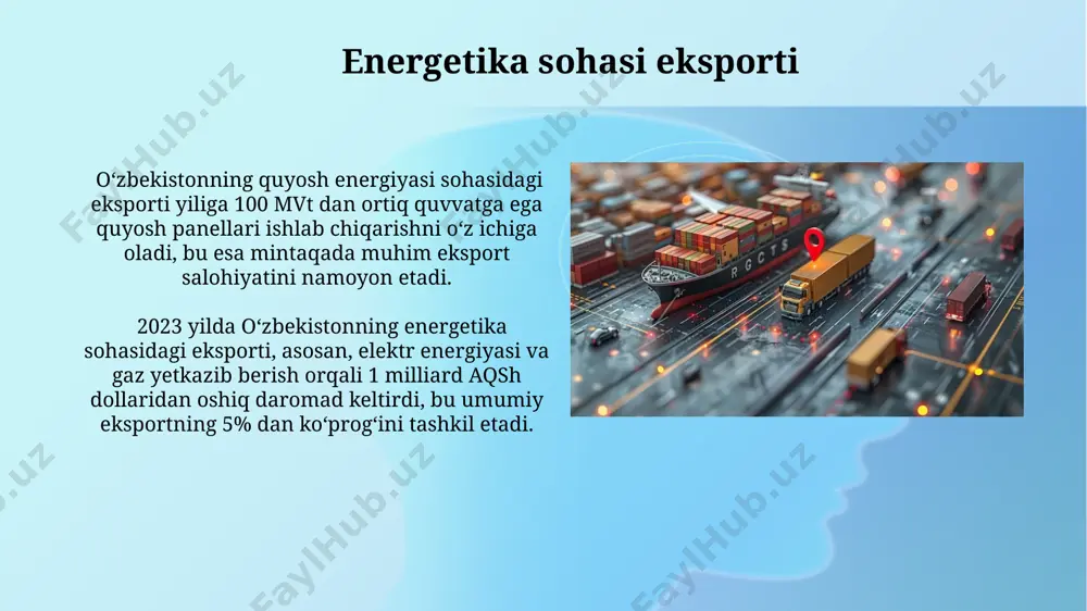 lda 1,2 million tonnadan ortiq hoʻsil yigʻib olinishi eksport salohiyatini sezilarli darajada oshirish imkoniyatini beradi. qimmatbaho metallar va minerallar konlari boyligi, xususan, oltin, kumush va misning katta zaxiralari, eksport daromadlarini sezilarli darajada koʻpaytirishga qodir. bu 2022 yilgi koʻrsatkichlariga nisbatan 15% ga oshishni anglatadi. tayyor mahsulotlar eksporti tayyor mahsulotlar eksportining geografik yoʻnalishi asosan mdh mamlakatlari, xitoy, turkiya va yevropa ittifoqi davlatlariga qaratilgan boʻlib, bu bozorlarga eksport hajmi doimiy ravishda kengayib bormoqda. oʻzbekistonning tayyor mahsulotlar eksporti 2022-yilda 15 milliard aqsh dollaridan oshgan boʻlib, bu umumiy eksport hajmining 40% dan ortigʻini tashkil etdi. e'tiboringiz uchun rahmat @taqdimot_robot image2.jpg image3.jpg image4.jpg image5.jpg image6.jpg image7.jpg image8.jpg image9.jpg image10.jpg image11.jpg image12.jpg image13.jpg image14.jpg image15.jpg image16.jpg image17.jpg image18.jpg image1.png