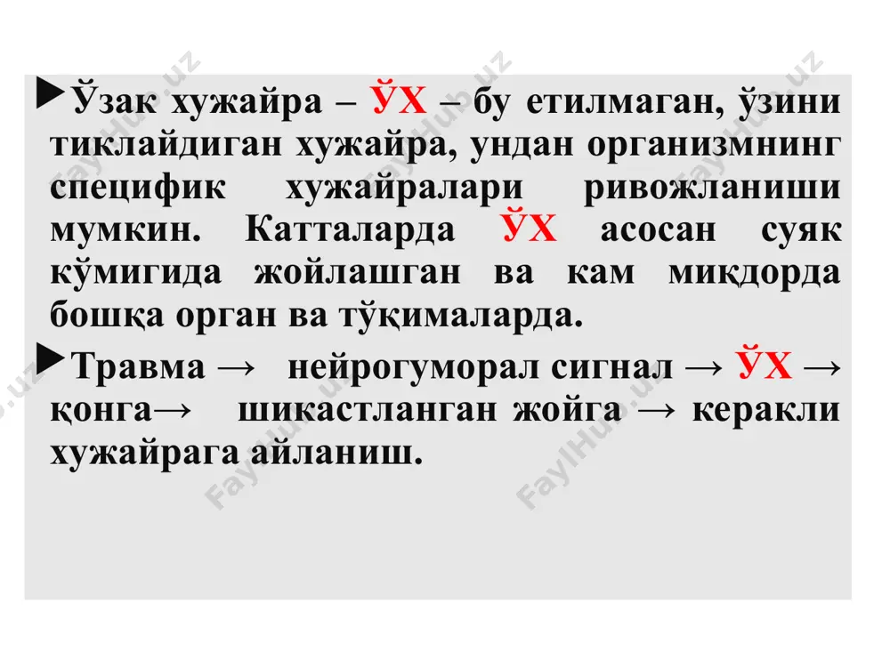 яцияси ва б. 2. носпецифик -ҳар қандай зарар билан ҳамрох бўлади: - мембранани ўтқазувчанлигини ошириш, - оқсилларни денатурацияси, - хужайралар ичида ацидоз, шиш - хужайра рецептор аппаратлари бузилиши - хужайранинг ион мувозанати бузилиши - энергия хосил бўлишининг бузилиши - мембрана потенциалининг ўзгариши хужайра шикастланишининг белгилари: хужайра шикастланишининг умумий механизмлари хужайралар мембрана аппаратлари ва фермент тизимларини шикастланиши; хужайрани энергия билан таъминлаш жараёнларини бузилишлари хужайра ичидаги ионлар ва суюқликларни дисбаланси; хужайранинг генетик дастури бузилиш механизмлари хужайра ичидаги жараёнлар механизмларини бошқарилишини бузилиши; хужайра шикастланишининг типик белгилари ядро хромосом аберрациялар рибосома и полисомалар оқсил синтези бузилишлари лизосомалар субхужайра структураларининг (аутолизис) ферментатив парчаланиши цитоскелет (микротрубочка, микрофиламентлар) формасини ўзгариши (бўртиб чиқиши, пуффакчалар), харакат, бўлиниш, секрециянинг бузилиши (хемотаксис) митохондрия атф синтези бузилиши, кальцийни деполашиши, бўкиб қолиши плазматик мембрана бўлунувчи, транспорт, бириктирувчи, контакт ва б. функцияларини бузулиши * хужайра мембранасини бузилиши а) мембрана рецепциясининг бузилиши аденилатциклаза атф → ц амф метаболизм ва функциялари, ўсмага айланиши, иммун жавоби бузилади. …