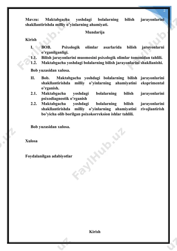 y bazani yanada takomillashtirish; - maktabgacha yoshdagi bolalarning har tomonlama intellektual, ahloqiy, estetik va jismoniy rivojlanishi uchun shart-sharoitlar yaratish.[footnoteref:1] [1: o‘zbekiston respublikasi prezidenti sh.m.mirziyoyevning 2018 yil 30 sentyabrdagi “maktabgacha ta’lim tizimini boshqarishni takomillashtirish chora-tadbirlari to‘g‘risida”gi pq–3955-son] prezidentining 2024-yil 2-fevraldagi pq-54-son qarori “ ta’lim sohasidagi islohotlarni jadallashtirish bo’yicha qo’shimcha chora- tadbirlar to’g`risidagi: quyidagilar “ta’lim sohasidagi loyihalar markazi” loyiha ofisining asosiy faoliyat yo‘nalishlari hisoblanadi: a) ta’lim sohasini isloh qilish bo‘yicha chora-tadbirlar va istiqbolli tashabbuslarni ishlab chiqish; b) xalqaro tashkilotlar, moliya institutlari, konsalting kompaniyalari va mutaxassislarning tavsiyalarini tahlil qilish va umumlashtirish, maqbul tashabbuslarning samarali implementatsiya qilinishini ta’minlash; v) yetakchi ekspertlar, konsultantlar, maslahatchilar va jamoatchilikni keng jalb qilgan holda ta’lim standartlari, o‘quv rejalari va dasturlarini ilg‘or xorijiy tajriba asosida takomillashtirish bo‘yicha takliflar tayyorlash; g) ta’lim turlari va darajalari o‘rtasida uzviylikni va uzluksizlikni ta’minlash, davlat ta’lim standartlari va o‘quv dasturlarini ishlab chiqishda vazirlik va idoralarning o‘zaro hamjihatlikdagi faoliyatini yo‘lga qo‘yish; d) ta’lim tashkilotlarida ta’lim sifati …