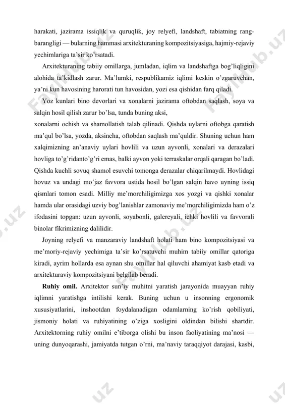 rish qobiliyati, jismoniy holati va ruhiyatining o’ziga xosligini oldindan bilishi shartdir. arxitektorning ruhiy omilni e’tiborga olishi bu inson faoliyatining ma’nosi — uning dunyoqarashi, jamiyatda tutgan o’rni, ma’naviy taraqqiyot darajasi, kasbi, yoshi, ma’lum madaniy muhitga taalluqligi va loyihalanayotgan binoga tegishli funksiyaviy jarayonlarni bilib, me’moriy muhit yarata olishidir. talaba-arxitektor o’qish jarayonida o’rganiladigan gumanitar, texnik va mutaxassislik fanlaridan, shu jumladan, arxitekturaviy kompozitsiya va loyihalash asoslari fanlaridan olgan chuqur bilimlariga asoslangandagina oldiga qo’ygan me’moriy masalalarning aniq yechimini qo’lga kiritishi mumkin. 3. o’quv loyihasini bajarish uslubi arxitekturaviy loyihalash asoslari talabalarga ma’ruza tarzida berilib borsada, aslida u amaliy fandir. uni egallash arxitektorning kasbiy malakasini oshirishga, ijodiy uslubini badiiy vositalar bilan to’ldirishga, arxitekturaviy loyihalash bo’yicha talabalarga beriladigan muayyan o’quv topshiriqlarini bajarishga yordam beradi. arxitekturaviy loyihalash asoslari fanidan talabalar oladigan o’quv topshiriqlarining mavzulari hayotiy bo’lishi, dolzarb me’moriy masalalarni yechishga qaratilishi kerak. o’quv loyihalash sharoitlari ham hayotdagi amaliy loyihalash jarayoniga mumkin qadar yaqin bo’lishi, loyihalashga beriladigan topshiriq obyektlarining joylashish …