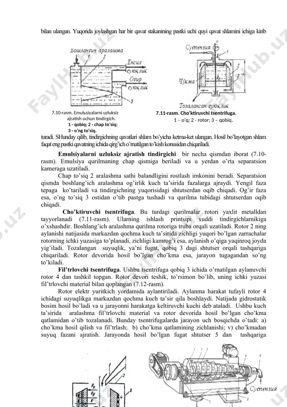 a qurilmaning pastki qismidan so’rib olinadi. agar, shlam tarkibidagi dispers faza qimmatli yoki kelgusi texnologik jarayonlar uchun yaroqli bo’lsa, u qayta ishlanishga yuboriladi. bu turdagi tindirgichlarda zichligi bir tekisda bo’lgan cho’kmalarga va uni samarali suvsizlantirishga erishsa bo’ladi. eshkakli tindirgichlar kamchiligi, bu ularning qo’polligidir. ( 7.9 -rasm. ko’p qavatli tindi rgich. 1 – taqsimlovchi moslama; 2 - trubalar; 3 - stakan; 4 - eshkakli aralashtirgich; 5 – to’kish konusi; 6 - qirg’ich; 7 - kollektor; 8 - rom. )ko’p qavatli tindirgich. bunday qurilmalar uzluksiz ishlaydi va bir-biri ustiga o’rnatilgan bir nechta eshkakli tindirgichlardan iborat (7.9-rasm). har bir qavatlar orasida konussimon to’siqlar joylashtirilgan. bu to’siqlar tufayli tindirgich yuzasi anchaga ko’payadi va natijada qurilma ixchamroq bo’ladi. tindirgich umumiy o’qga ega bo’lib, unga aralashtiruvchi eshkaklar joylashtiriladi. suspenziya esa taqsimlovchi moslamadan trubalar orqali har bir qavat stakaniga uzatiladi. tozalangan suyuqlik halqasimon tarnovlardan o’tib, kollektorda yig’iladi. har bir yarus shlamni chiqarib yuborish stakanlari bilan ulangan. yuqorida …