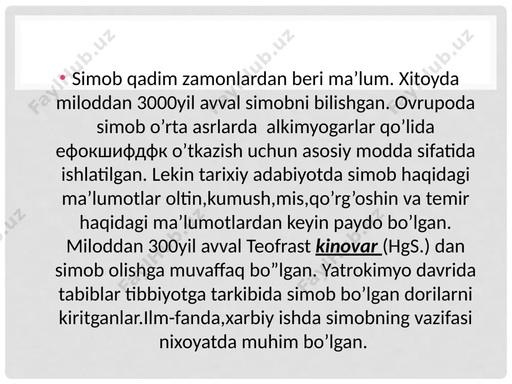 i. rux changida kadmiyni miqdori 5 % gacha bo’ladi, undan quruq va ho’l usullar bilan kadmiy ajratib olinadi. quruq usulda rux changiga koks qo’shib qizdiriladi, bunda hosil bo’lgan bug’ni bir necha marta haydab toza kadmiy olinadi. ho’l usulda esa tarkibida kadmiy bo’lgan rux changi xlorid yoki sulfat kislotada eritilib, eritmadan kadmiy rux bilan qaytariladi: cdso4 + zn = znso4 + cd toza kadmiy olish uchun kadmiy vakuumda yoki vodorod oqimida bug’lantirilib, elektroliz usulda tozalanadi. kadmiyning selenid (cdse), otavit (cdo3) va monteponit (cdo), grinokit (cds) kabi nodir minerallari maʼlum. sulfid rudalarida, jumladan, sfalerit minerali (zns) tarkibida (0,01—5,0%), galenitda (0,02% gacha), xalkopiritda (0,12%), piritda (0,02%) uchraydi. bundan tashqari, umurtqali va umurtqasiz hayvonlar organizmida, oʻsimliklarda ham bor. kadmiy — kumushdek oq, yumshoq, choʻziluvchan, mexanik ishlovga oson beriladigan ogʻir metall. zichligi 8,65 g/sm1 (20° da) maos boʻyicha qattiqligi 2, suyuklanish t-rasi 320,9°, qaynash t-rasi 767°. kimyoviy birikmalarda 2 valentli. nam havoda kadmiyning sirti yupqa …