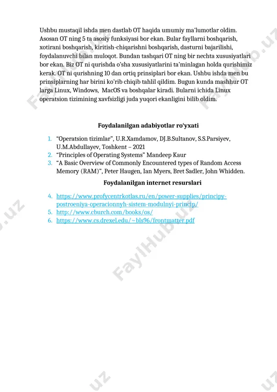 lan ext2, ext3, ex4, reiser fs, fat hfs+, hfc, mfs xavfsizlik tahdidi ulkan arzimas arzimas narxi $119-$199 bepul bepul ishlab chiqarilgan tili c++, c c, python, c++ c, c++ `tezligi mac os qaraganda tezroq eng tez windows va linux ga qaraganda sekinroq xulosa: ushbu mustaqil ishda men dastlab ot haqida umumiy ma’lumotlar oldim. asosan ot ning 5 ta asosiy funksiyasi bor ekan. bular fayllarni boshqarish, xotirani boshqarish, kiritish-chiqarishni boshqarish, dasturni bajarilishi, foydalanuvchi bilan muloqot. bundan tashqari ot ning bir nechta xususiyatlari bor ekan. biz ot ni qurishda o’sha xususiyatlarini ta’minlagan holda qurishimiz kerak. ot ni qurishning 10 dan ortiq prinsiplari bor ekan. ushbu ishda men bu prinsiplarning har birini ko’rib chiqib tahlil qildim. bugun kunda mashhur ot larga linux, windows, macos va boshqalar kiradi. bularni ichida linux operatsion tizimining xavfsizligi juda yuqori ekanligini bilib oldim. foydalanilgan adabiyotlar ro‘yxati 1. “operatsion tizimlar”, u.r.xamdamov, dj.b.sultanov, s.s.parsiyev, u.m.abdullayev, toshkent – 2021 2. “principles …