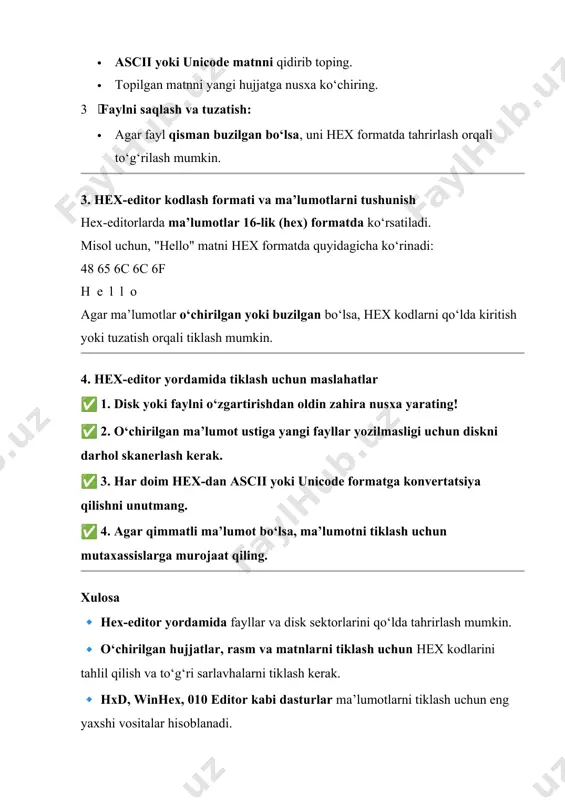 uchun eng yaxshi vositalar hisoblanadi. 🔹 barcha o‘zgartirishlarni ehtiyotkorlik bilan bajaring, chunki noto‘g‘ri hex kodlar kiritish disk yoki faylni butunlay buzishi mumkin. ✅ savollaringiz bo‘lsa, bemalol so‘rashingiz mumkin! 🚀