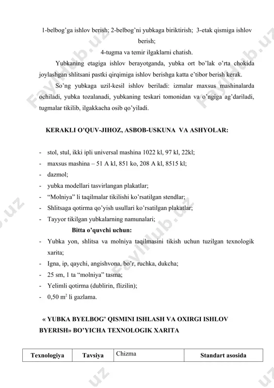 tganda, yubka ort bo’lak o’rta chokida joylashgan shlitsani pastki qirqimiga ishlov berishga katta e’tibor berish kerak. so’ng yubkaga uzil-kesil ishlov beriladi: izmalar maxsus mashinalarda ochiladi, yubka tozalanadi, yubkaning teskari tomonidan va o’ngiga ag’dariladi, tugmalar tikilib, ilgakkacha osib qo’yiladi. kerakli o’quv-jihoz, asbob-uskuna va ashyolar: · stol, stul, ikki ipli universal mashina 1022 kl, 97 kl, 22kl; · maxsus mashina – 51 a kl, 851 ko, 208 a kl, 8515 kl; · dazmol; · yubka modellari tasvirlangan plakatlar; · “molniya” li taqilmalar tikilishi ko’rsatilgan stendlar; · shlitsaga qotirma qo’yish usullari ko’rsatilgan plakatlar; · tayyor tikilgan yubkalarning namunalari; bitta o’quvchi uchun: · yubka yon, shlitsa va molniya taqilmasini tikish uchun tuzilgan texnologik xarita; · igna, ip, qaychi, angishvona, bo’r, ruchka, dukcha; · 25 sm, 1 ta “molniya” tasma; · yelimli qotirma (dublirin, flizilin); · 0,50 m2 li gazlama. « yubka byelbog’ qismini ishlash va oxirgi ishlov byerish» bo’yicha texnologik xarita texnologiya asosida faoliyat …