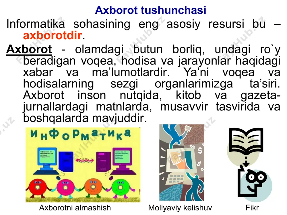 g axborotlarga bo‘lgan ehtiyojlarini etarli va to‘la qoplab oladigan, qulay sharoitlar yaratishga qaratilgan ijtimoiy - iqtisodiy va ilmiy - texnikaviy jarayon tushuniladi. axborotlashgan jamiyat — jamiyatning ko’pchilik a’zolari axborot, ayniqsa, uning oliy shakli bo’lmish bilimlarni ishlab chiqarish, saqlash, qayta ishlash va amalga oshirish bilan band bo’lgan jamiyatdir. axborotlashgan jamiyatga o’tishda kompyuter va telekommunikasiya axborot texnologiyalari negizida yangi axborotni qayta ishlash sanoati yuzaga keladi. e’tiborlaringiz uchun raxmat image1.png image2.wmf image3.wmf image4.png image5.png image6.png image7.png image8.jpeg image9.png image10.png /docprops/thumbnail.jpeg