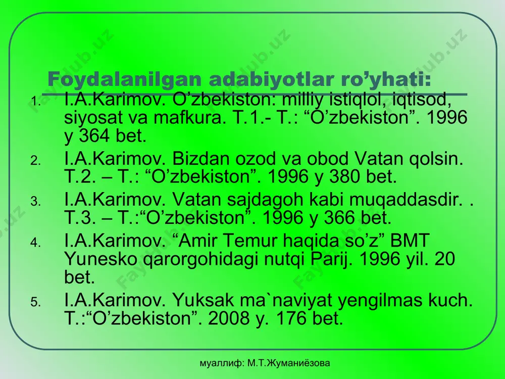 ’uniydir. bu kitob 1991 yildagina nashr qilindi. ungacha “qonxo’r temur”ni oqlab yozish katta jasoratni talab qilar edi. муаллиф: м.т.жуманиёзова