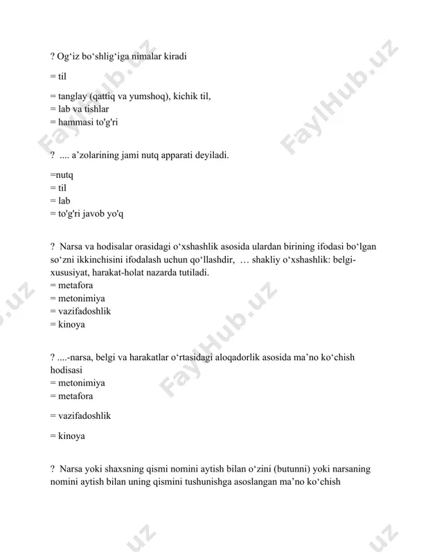 atdan har xillik =ma’nodagi o’zaro zidlik = hammasi to'g'ri ? ... - aytilishi bir-biriga yaqin, ammo yozilishi va ma’nosi har xil bo’lgan so’zlardir. = paronimlar = sinonim = antonim = omonim ? sinonim so'zlar berilgan qatorni toping = do'st, o'rtoq, birodar, og'ayni = katta , kichik, baland, pas = son, kul, yara, bog', yor = yig'lamoq, shirin, go'zal, nam ? antonim so'zlar berilgan qatorni toping = do'st, o'rtoq, birodar, og'ayni = katta , kichik, baland, past = son, kul, yara, bog', yor = yig'lamoq, shirin, go'zal, nam ? paronim so'zlar berilgan qatorni toping = do'st, o'rtoq, birodar, og'ayni = katta , kichik, baland, past = ziyrak, zirak, asr, asir = yig'lamoq, shirin, go'zal, nam ? omonim so'zlar berilgan qatorni toping = do'st, o'rtoq, birodar, og'ayni = katta , kichik, baland, past = olma, surma, yoz, soch = yig'lamoq, shirin, go'zal, nam ? sinonim so'zlar berilgan qatorni toping = chiroyli, go'zal, …