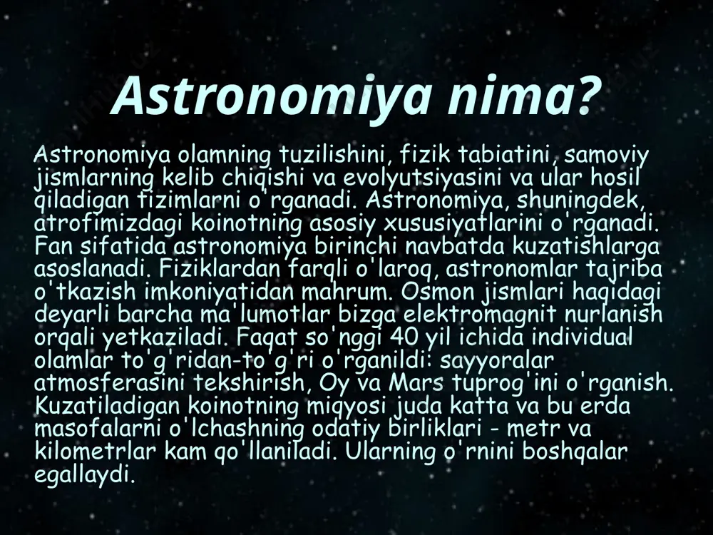 o'rganadi. shuning uchun uning falsafiy ahamiyati ayniqsa katta. aslida u odamlarning dunyoqarashini belgilaydi. ilmlarning eng qadimgisi. bizning eramizdan bir necha ming yil oldin yer egalari yirik daryolar (nil, dajla va furot, hind va gang, yantszi va xuan xe) vodiylarida joylashdilar. quyosh va oy ruhoniylari tomonidan tuzilgan kalendar ularning hayotida muhim rol o'ynay boshladi. ruhoniylar bir vaqtning o'zida ibodatxonalar bo'lgan qadimgi rasadxonalarda yoritgichlarni kuzatishgan. ular arxeoastronomiya tomonidan o'rganiladi. arxeologlar shunga o'xshash bir nechta rasadxonalarni topdilar. ulardan eng oddiylari - megalitlar - ifodalangan bitta (menhirs) yoki bir nechta (dolmenlar, kromlek) toshlar, qat'iy joylashgan bir-biriga nisbatan tartib. megalitlar nishonlandi yoritgichlarning ma'lum bir vaqtda ko'tarilish va o'rnatish joyi yilning. antik davrning eng mashhur binolaridan biri stounhenj, angliyaning janubida joylashgan. uning asosiy vazifasi quyosh va oyni kuzatish, qish va yoz kunlarini belgilash, oy va quyosh tutilishini bashorat qilish. qadimgi sivilizatsiyalar astronomiyasi miloddan avvalgi taxminan 4 ming yil. nil vodiysida er yuzidagi eng qadimgi tsivilizatsiyalardan biri …