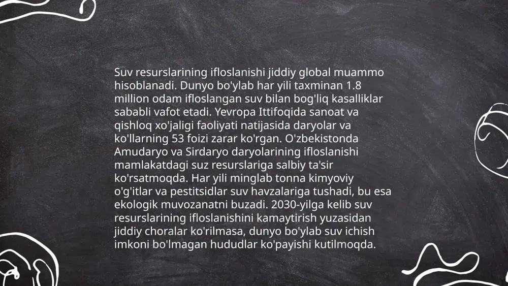 t.me/slaydai_bot kimyoviy moddalar bilan ifloslanish global muammo bo'lib, har yili millionlab tonna kimyoviy moddalar atrof-muhitga chiqariladi. dunyo bo'ylab sanoat, qishloq xo'jaligi va maishiy kimyoviy moddalardan foydalanish tufayli suv, havo va tuproq ifloslanishi kuzatiladi. misol uchun, har yili 2 milliard tonnaga yaqin zaharli kimyoviy chiqindilar global miqyosda hosil bo'ladi. kimyoviy moddalarning 70% dan ortig'i suv manbalariga tushib, ichimlik suvini ifloslantiradi. o'zbekistonda ham sanoat va qishloq xo'jaliklari kimyoviy moddalar ta'siriga uchramoqda, bu esa ekologik muammolarni kuchaytiradi. kimyoviy moddalardan kelib chiqadigan ifloslanish inson salomatligi va tabiiy ekotizimlar uchun katta tahdid hisoblanadi. ... t.me/slaydai_bot 13. okean va dengiz muammolari dunyo okeanlari va dengizlari katta global masalalarga duch kelmoqda. har yili 8 million tonna plastik okeanlarga tashlanmoqda, bu dengiz hayotiga katta zarar yetkazmoqda. okeanlar global isish natijasida 20-asrdan beri 0,1 dan 0,2 daraja selsiygacha isingan. o'simliklar va dengiz hayvonlari yashashi uchun zarur bo'lgan suv muhiti buzulmoqda. baliq ovi hajmi ortib, hozirda dunyoning 90% baliq zaxiralari …