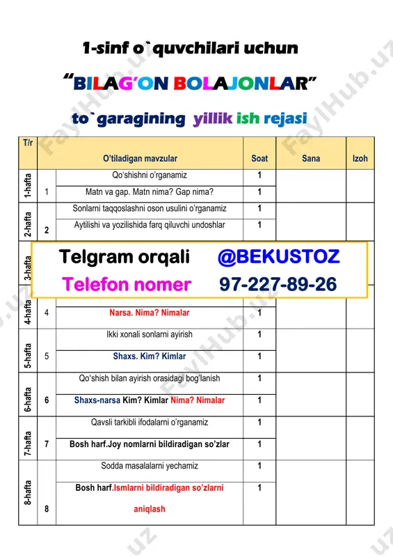 __, ________________, _______________, _________________,______________ , ________________ shu mavzu bo’yicha qo’shimcha topshiriqlar,testlar,ko’rgazmalar, orqali mavzuni to’liq va mazmunli tushuntirib berildi. vi.uyga vazifa: berilgan qo’shimcha rasmli tarqatmalarni bajarib kelish . ___________ __________________________ telgram orqali @bekustoz telefon nomer 97-227-89-26 sana____________ 202_ yil 1-sinf ona tili 2 mavzu: matn va gap. matn nima? gap nima? mashg’ulot maqsad: bizning har bir erishayotgan muvaffaqiyatlarimiz, istiqlol yo’lida qilinayotgan ishlari bilan faxrlanish va vatanga mehr hissiyotini uyg’otish, har qanday tajovuzkor kimsalardan nafratlanish;mashg’ulot turi:yangi tushuncha va bilimlarni shakllantiruvchi.mashg’ulot jihozi: to`garak nizomi, so`rovnomalar,to`garak rejasi.mashg’ulot bayoni. o’quvchilarga yangi mavzu aytiladi. mashg`ulotlikdagi misol masalalar yordamida yangi mavzu tushuntiriladi. v. o`quvchilarni rag`batlantirish. darsni yakunlash: darsda faol qatnashgan o`quvchilarni rag`batlantiraman. doskada mashq bajargan o`quvchilarni baholayman. mavzu yuzasidan quyidagi o’quvchilarga ______________, _____________ , ________________,_______________, _________________, _______________ , ________________,_______________, ________________, shu mavzu bo’yicha qo’shimcha topshiriqlar,testlar,ko’rgazmalar,tarqatmalar orqali mavzuni to’liq va mazmunli tushuntirib berildi. 1. “o’zbekiston” deganda xayolingizga qaysi so’zlar kelyapti? ularni bo’g’inga ajratib yozing. namuna: va-tan, ... . …