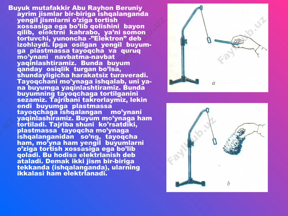 rtilishi bilan cheklan-maydi. biror jism kuchli elektrlansa va u boshqa jismga yaqinlashtirilsa, ular orasida uchqun chaqnaydi va chirsillagan ovoz chiqadi.jism qancha kuchli elektrlansa, uchqun shuncha yorqin, chirsillagan ovoz esa shunchalik kuchli bo’ladi. elektrning ikki turi. ikkita bir xil plastmassa tayoqcha olamiz. tayoqchalardan birining o’rtasini chuqur parmalaymiz va uni mo’ynaga ishqalab, o’tkir uchli asosga o’rnatamiz. ikkinchi tayoqchani ham mo’ynaga ishqalaymiz va birinchi tayoqchaga yaqinlashtiramiz. bunda uchli asosga o’rnatilgan tayoqcha qo’limizdagi tayoqchadan itarilganini sezamiz. endi uchli asosga o’rnatilgan tayoqchaga ishqalangan mo’ynani yaqinlashtiramiz. tayoqcha mo’ynaga tortiladi. bir bo’lak elektrlangan mo’ynani uzun ipga osamiz va unga ikkinchi bir elektrlangan mo’yna bo’lagini yaqinlashtiramiz. birinchi mo’yna bo’lagi ikkinchisidan itariladi. tajribani o’zgartiramiz: osilgan mo’yna bo’lagiga mo’ynaga ishqalab elektrlangan tayoqchani yaqinlashtiramiz. mo’yna tayoqchaga tortiladi. tajribada ko’rganlarimiz haqida o’ylab ko’raylik. tayoqcha bilan mo’yna bir-biriga tegishi elektrlanadi. elektrlangan tayoqchalar bir-biridan itariladi, biroq elektrlangan mo’ynaga tortiladi. elektrlangan mo’yna bilan o’tkazilgan tajribada ham shunday bo’ladi: elektrlangan mo’ynalarning bir bo’lagi ikkinchisidan itariladi, lekin …