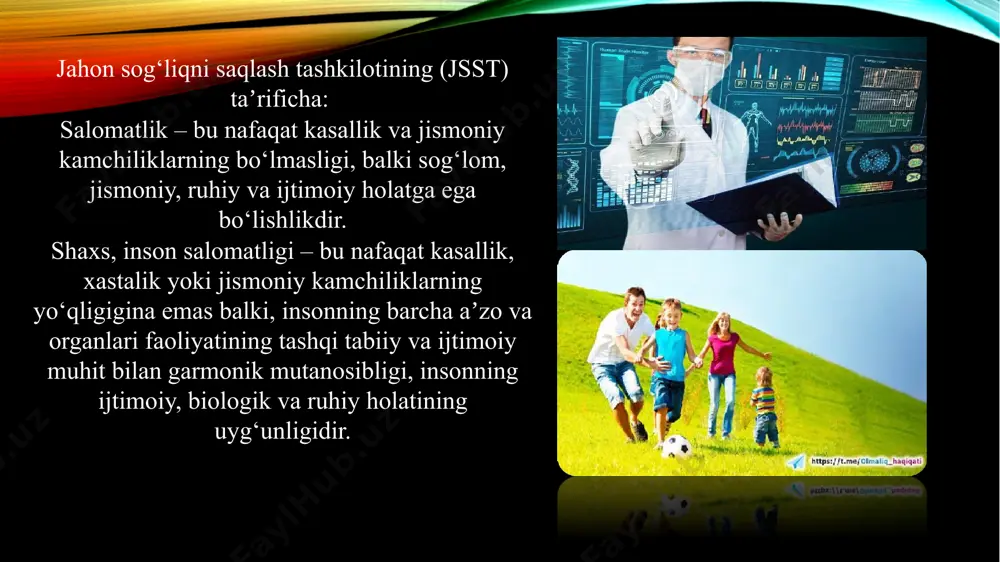 b oladi. shaxsiy gigiyenaning keng kompleksli tarkibiga quyidagilar: tananing, og‘iz bo‘shlig‘i va tishlarning gigiyenasi, jismoniy madaniyat va sport, badanni chiniqtirish, shaxsiy turar joy gigiyenasi, yomon odatlarni oldini olish, kiyim va poyabzal gigiyenasi, turmush va oila gigiyenasi, aqliy mehnat gigiyenasi, dam olish va uyqu gigiyenasi, psixogigiyena va insonning har kunlik faoliyatidagi boshqa muhim elementlari kiradi. shaxsiy gigiyenaga rioya qilmaslik atrof-muhitdagilarning sog‘ligiga ham salbiy taʼsir ko‘rsatishi mumkin (passiv chekish, yuqumli kasalliklar va gelmintozlarni tarqalishi, turar joy muhitining havo sifatini yomonlashishi va b.) e’tiboringiz uchun rаxmаt!!! image3.png image4.png image5.png image6.png image7.jpg image8.jpg image9.png image10.png image11.png image12.jpeg image1.png