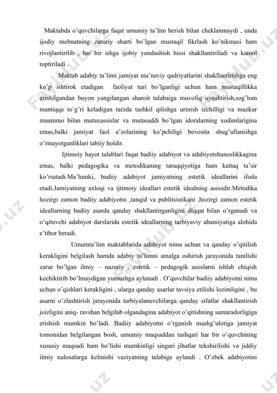 gini , bu asarni o’zlashtirish jarayonida tarbiyalanuvchilarga qanday sifatlar shakllantirish joizligini aniq- ravshan belgilab olgandagina adabiyot o’qitishning samaradorligiga erishish mumkin bo’ladi. badiiy adabiyotni o’rganish mashg’ulotiga jamiyat tomonidan belgilangan bosh, umumiy maqsaddan tashqari har bir o’quvchining xususiy maqsadi ham bo’lishi mumkinligi singari jihatlar tekshirilishi va jiddiy ilmiy xulosalarga kelinishi vaziyatning talabiga aylandi . o’zbek adabiyotini o’qitishda o’tmish tajribasini bilan birga zamonaviy o’zbek metodika ilmining namoyondalari qarashlari ham atrofligicha tahlil qilinmoqda. badiiy adabiyot tarbiyalanuvchilarga adabiyot bo’yicha qandaydir bilimlar majmuini singdirish uchun o’qitilmasligi , balki jozibali badiiy so’z vositasida o’quvchilarning hissiyotlariga ta’sir qilish orqali ularning ma’naviy qiyofasini shakllantirish yo’li bilan bolalarini komil inson bo’lish sari yetaklash maqsad ekanligi metodikasini tarixida ilk bor tadqiq etildi . jamiyatning qay yo’sinda rivojlanishi jamiyat a’zolarining ma’naviy qiyofalariga bog’liq . fuqoralarning ma’naviyatini shakllantirishda beqiyos imkoniyatlarga ega bo’lgan adabiy ta’limning samaradorligini oshirish , uni to’g’ri ilmiy asoslar ustiga qo’yish nafaqat nazariy , balki sof amaliy ahamiyatga ham egadir . …